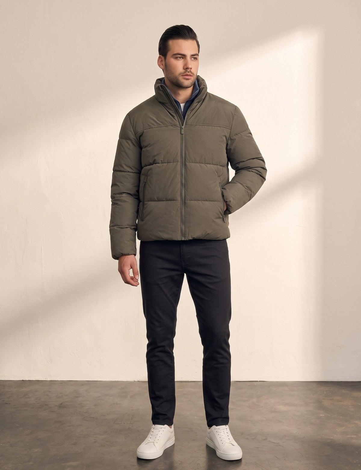 A man in a khaki padded puffer jacket and dark trousers standing in a bright studio
