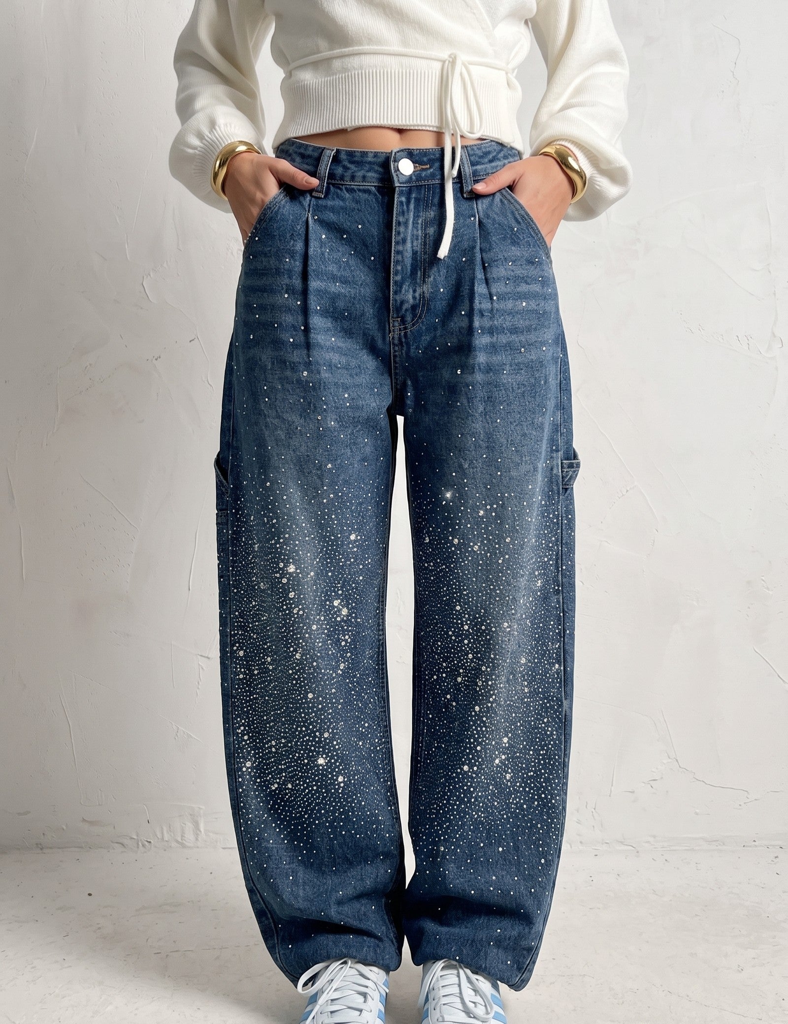 Diamante Wide-Leg Jeans, close-up of the upper body.