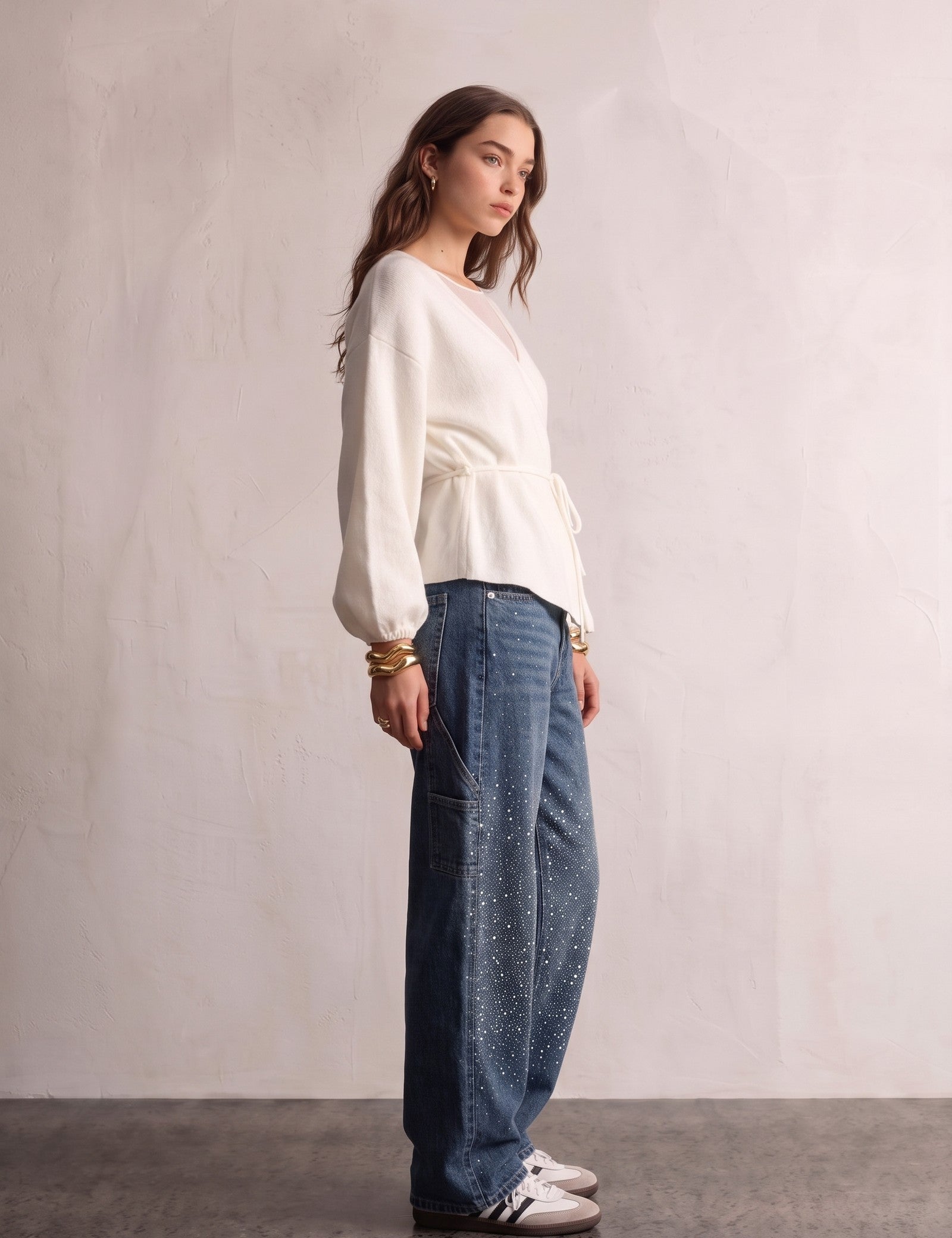 Diamante Wide-Leg Jeans, side view, full length.