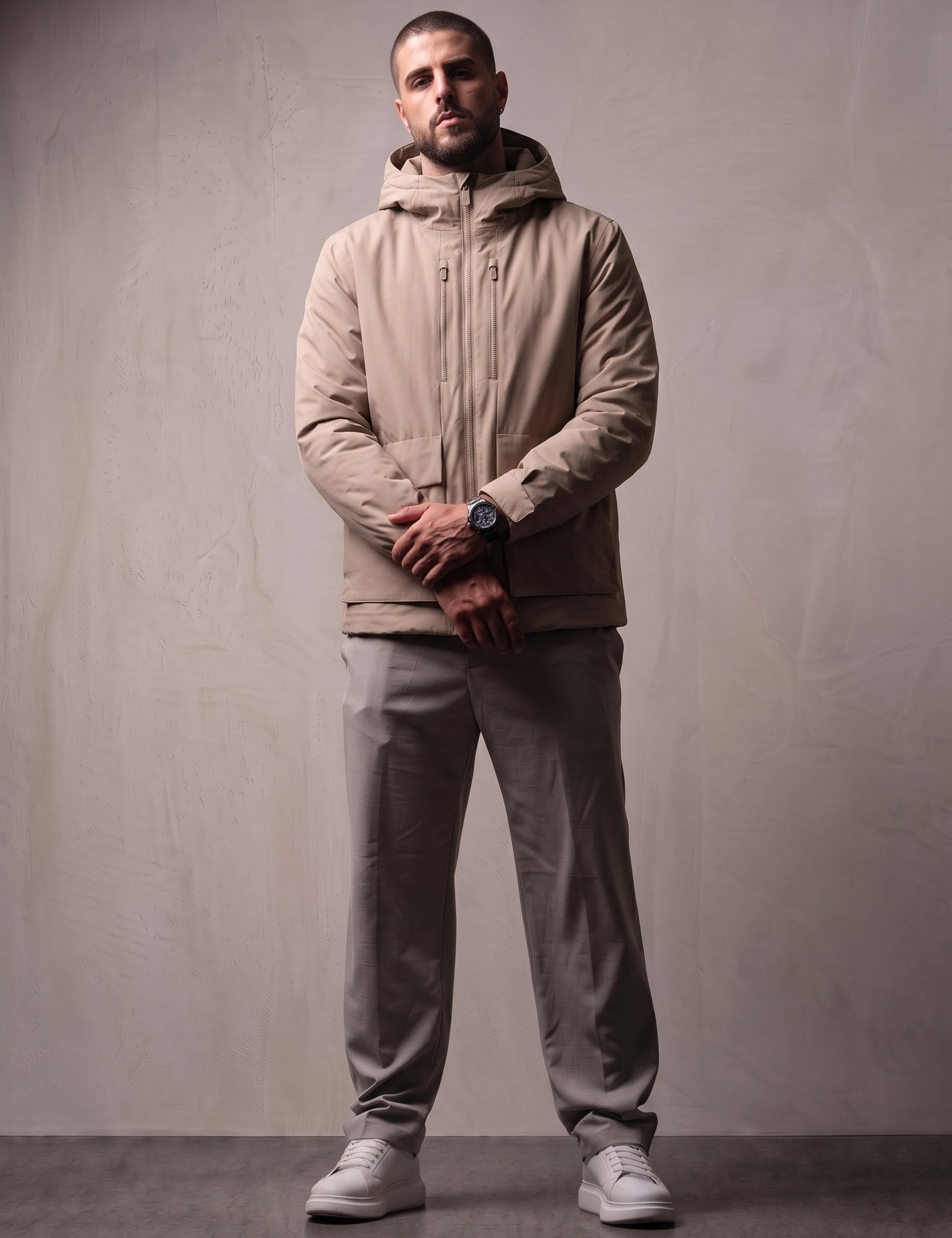 Light Padded Jacket in Beige, front view, full length