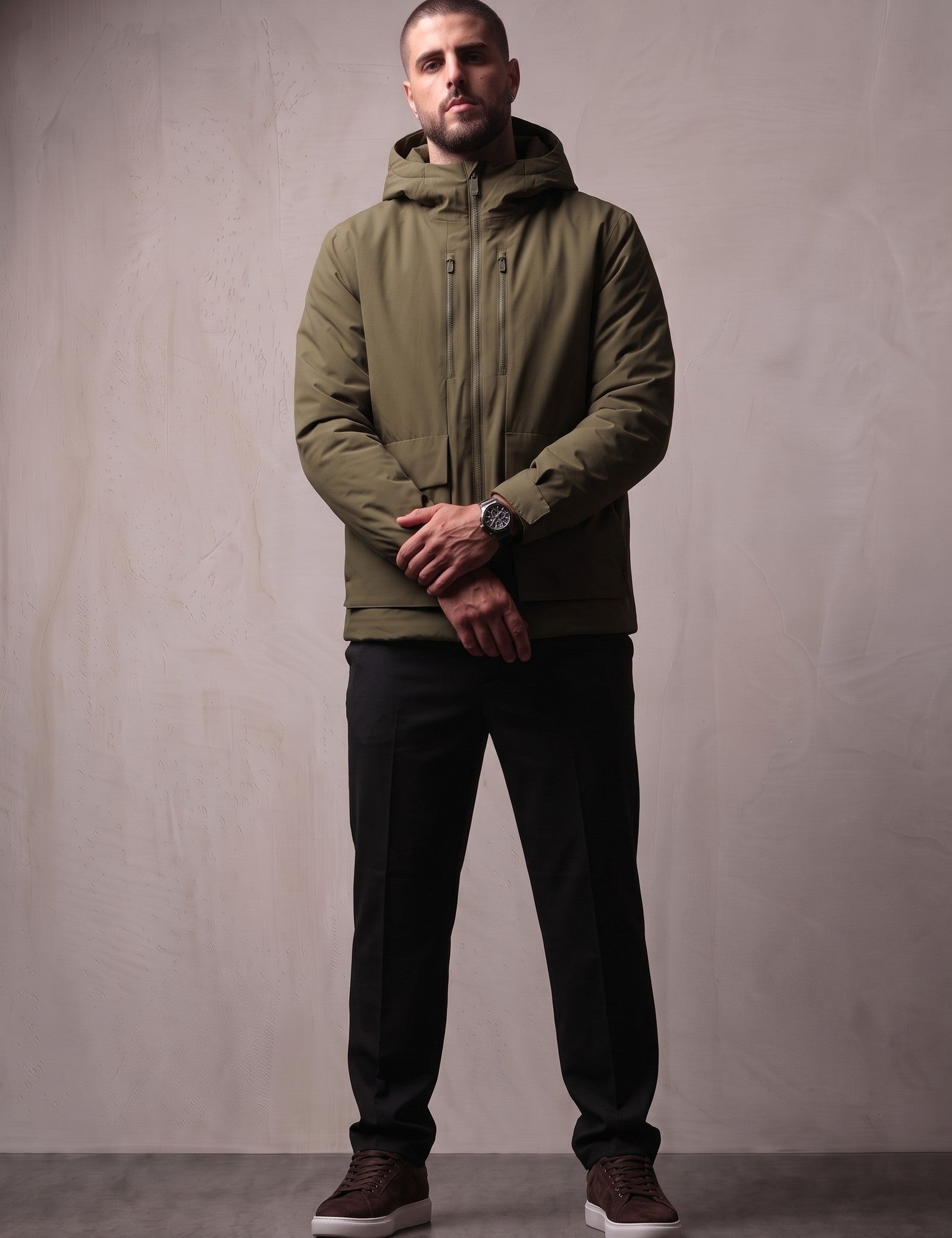 Light Padded Jacket in Olive Green, front view, full length
