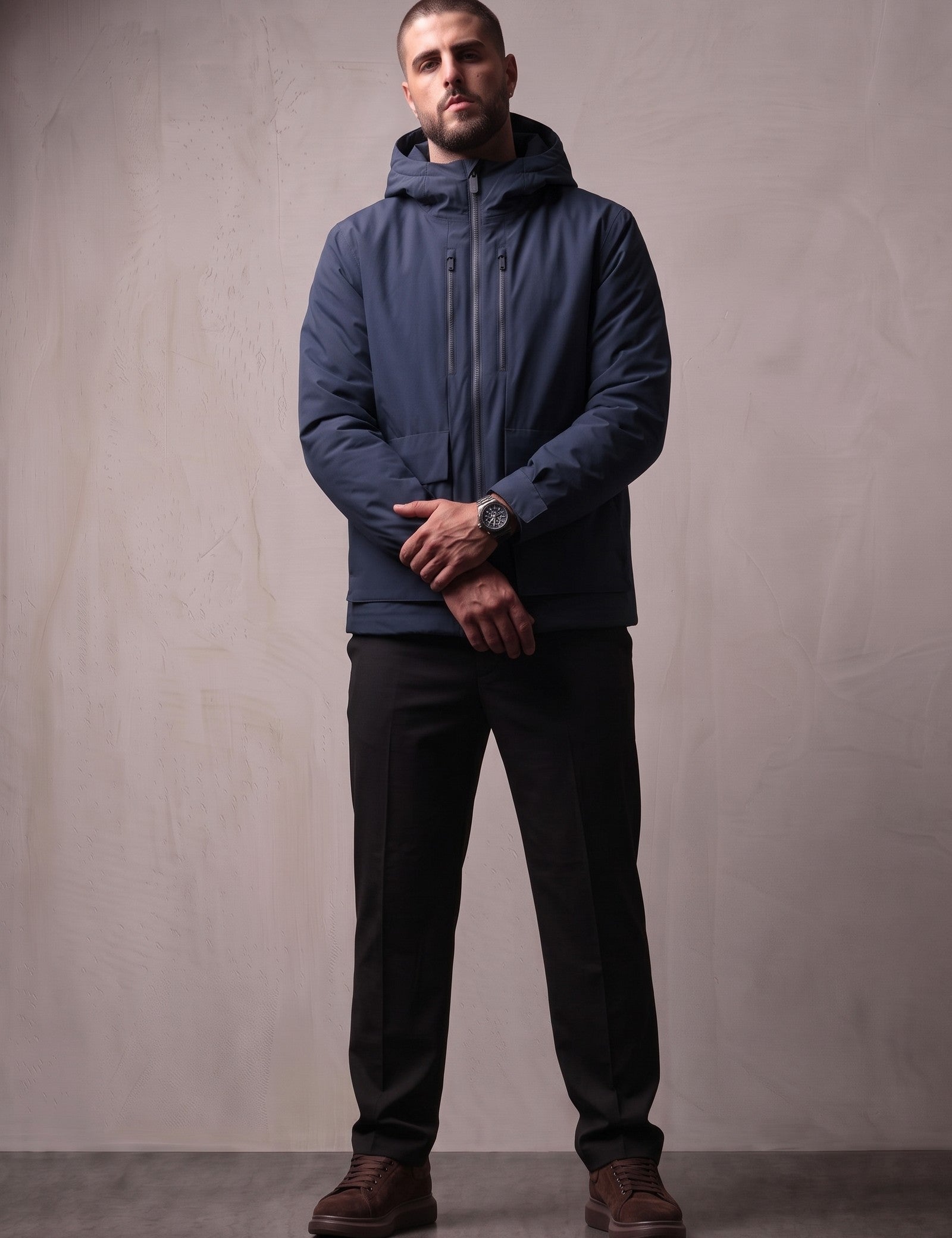 Light Padded Jacket in Navy Blue, front view, full length