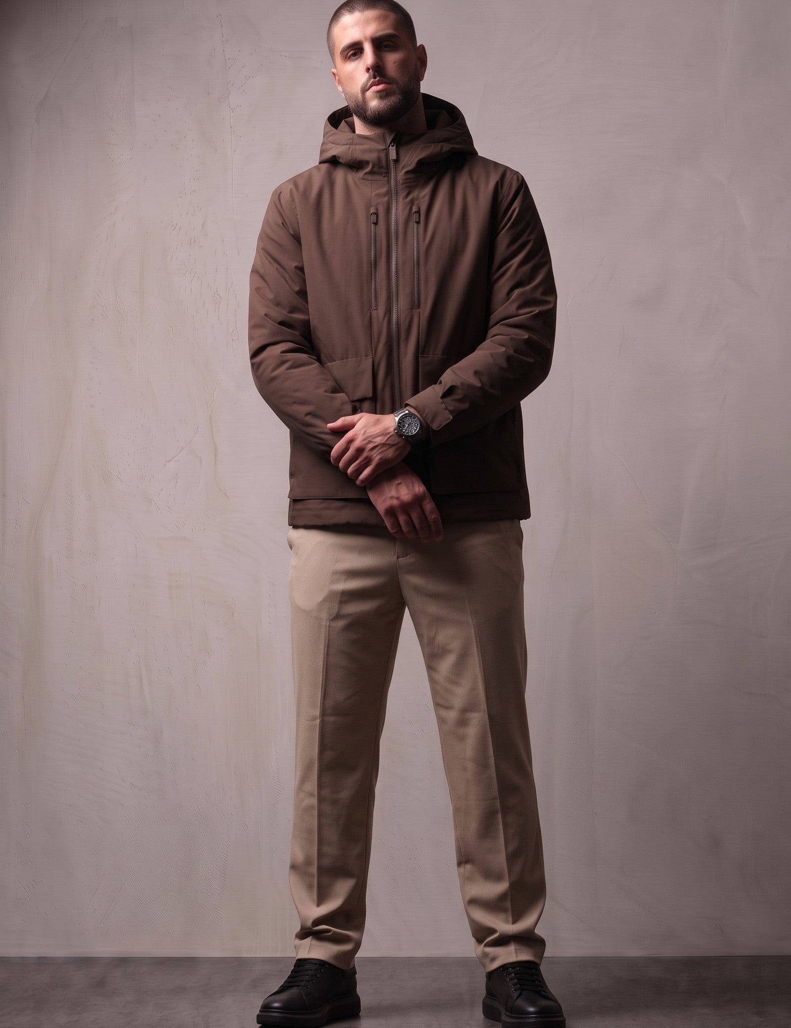 Light Padded Jacket in Brown, front view, full length