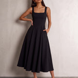 Square Neck Midi Dress in Black, front view, full length