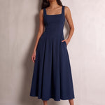 Square Neck Midi Dress in Navy Blue, front view, full length