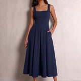 Square Neck Midi Dress in Navy Blue, front view, full length