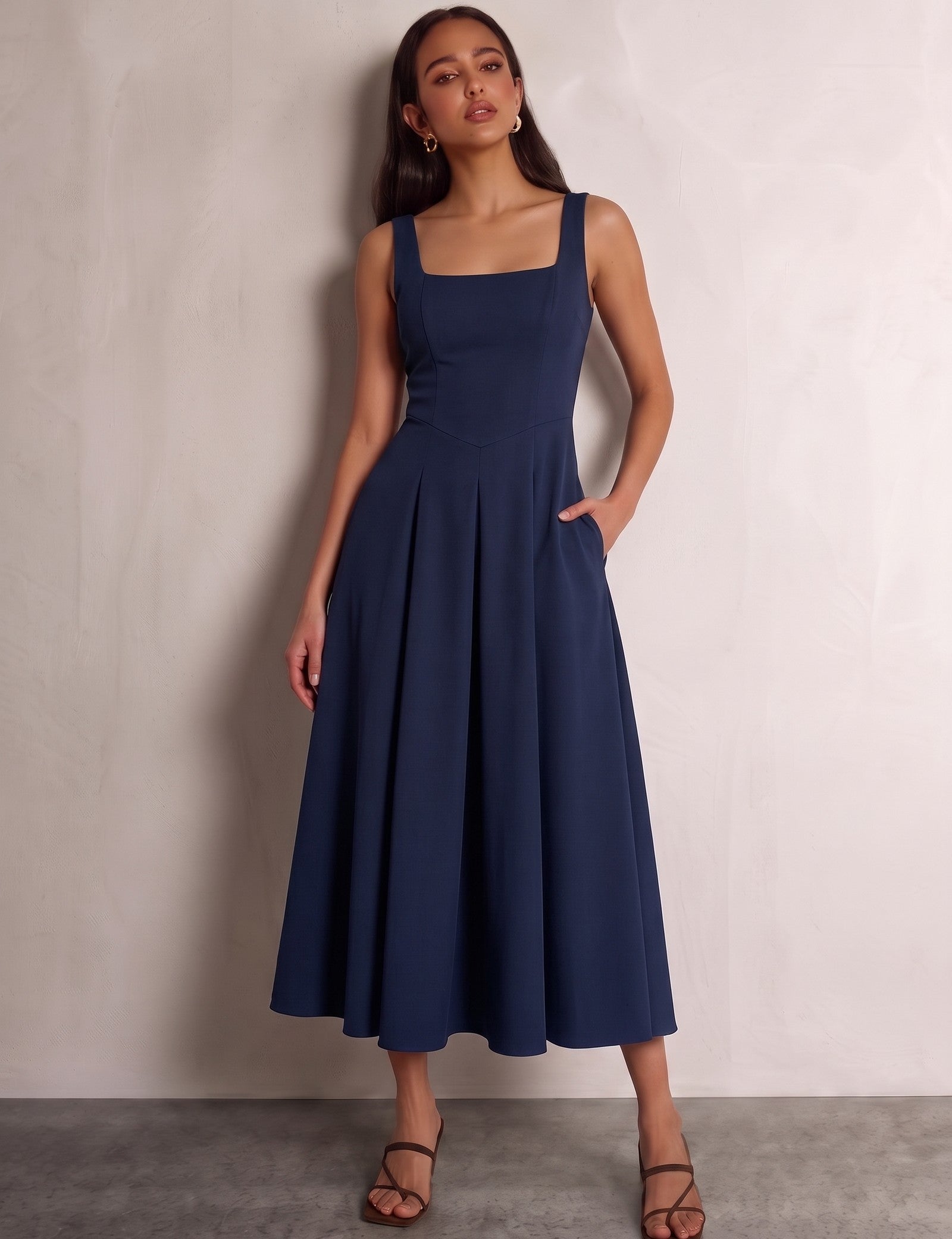 Square Neck Midi Dress in Navy Blue, front view, full length
