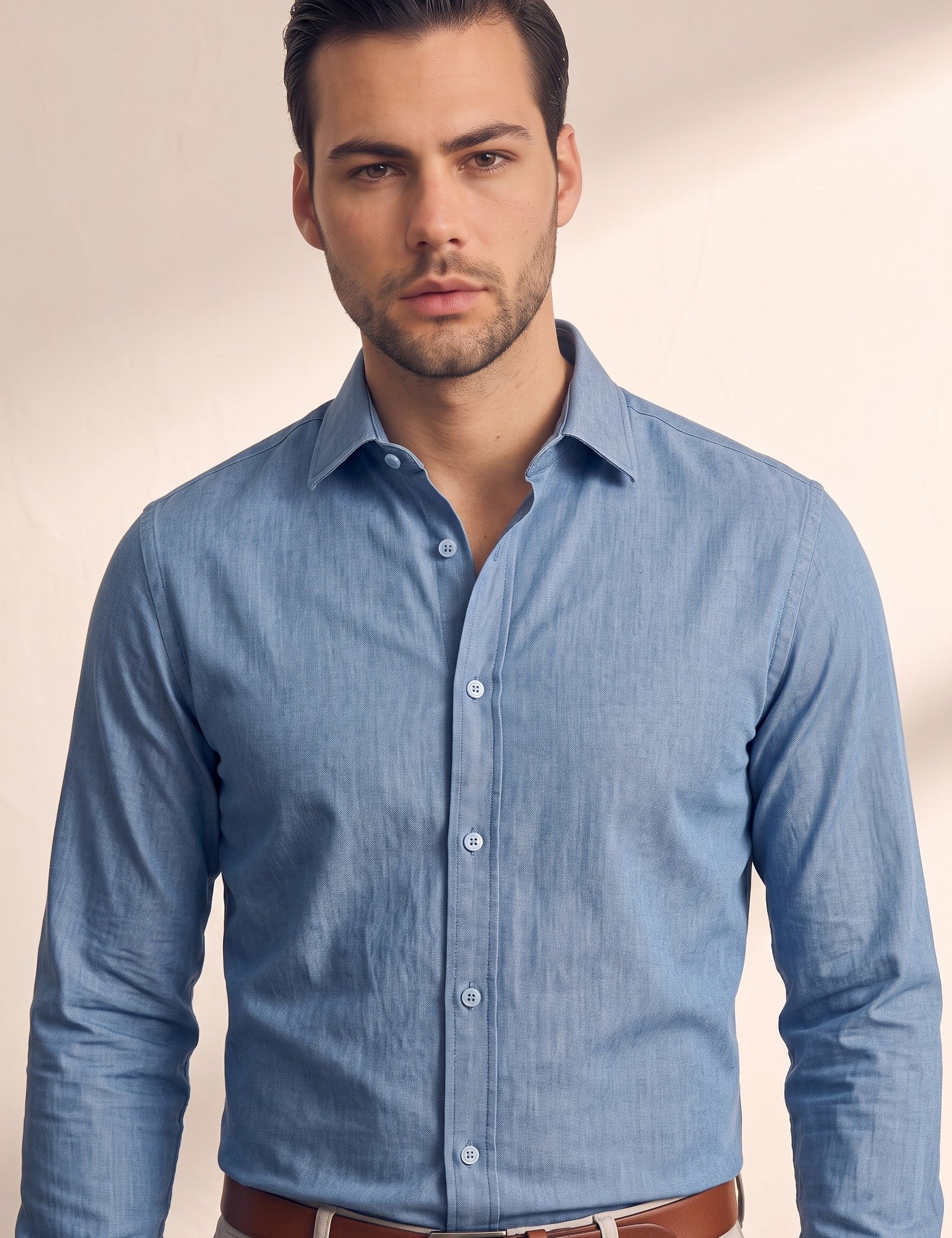 Chambray Shirt, close-up of the upper body