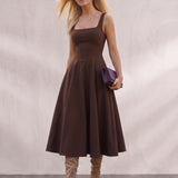 Chocolate Square Neck Midi Dress, front view, full length