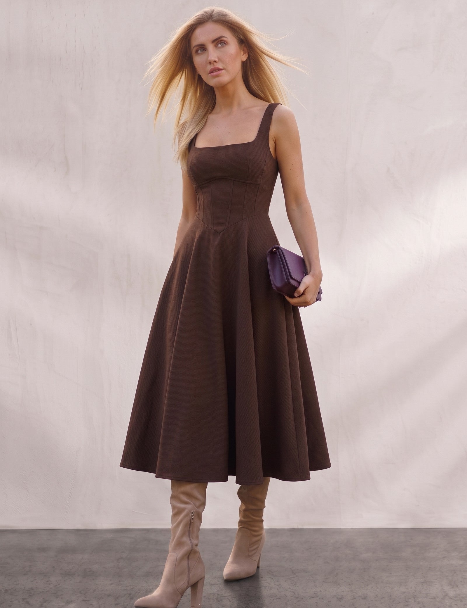 Chocolate Square Neck Midi Dress, front view, full length