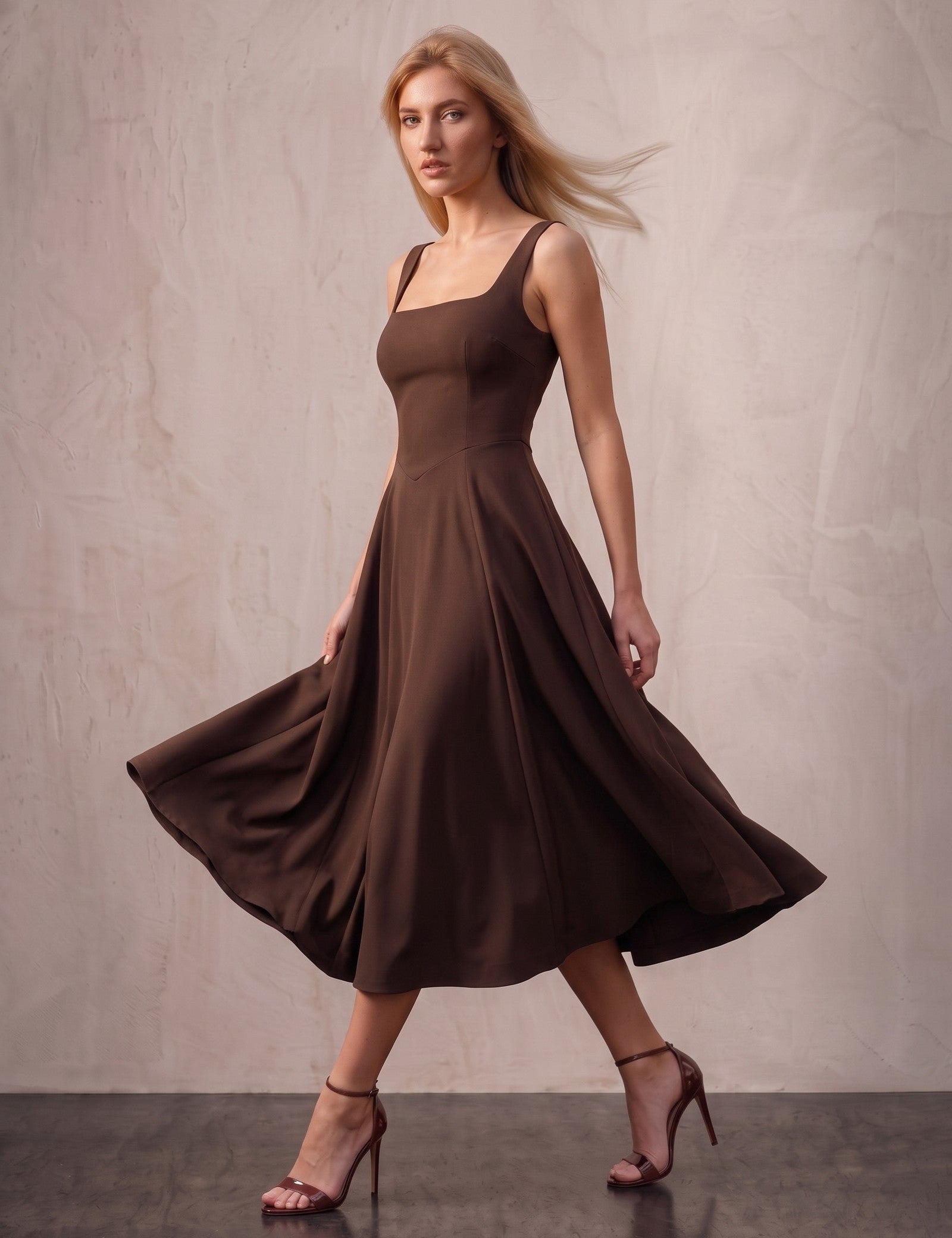 Chocolate Square Neck Midi Dress, side view, full length