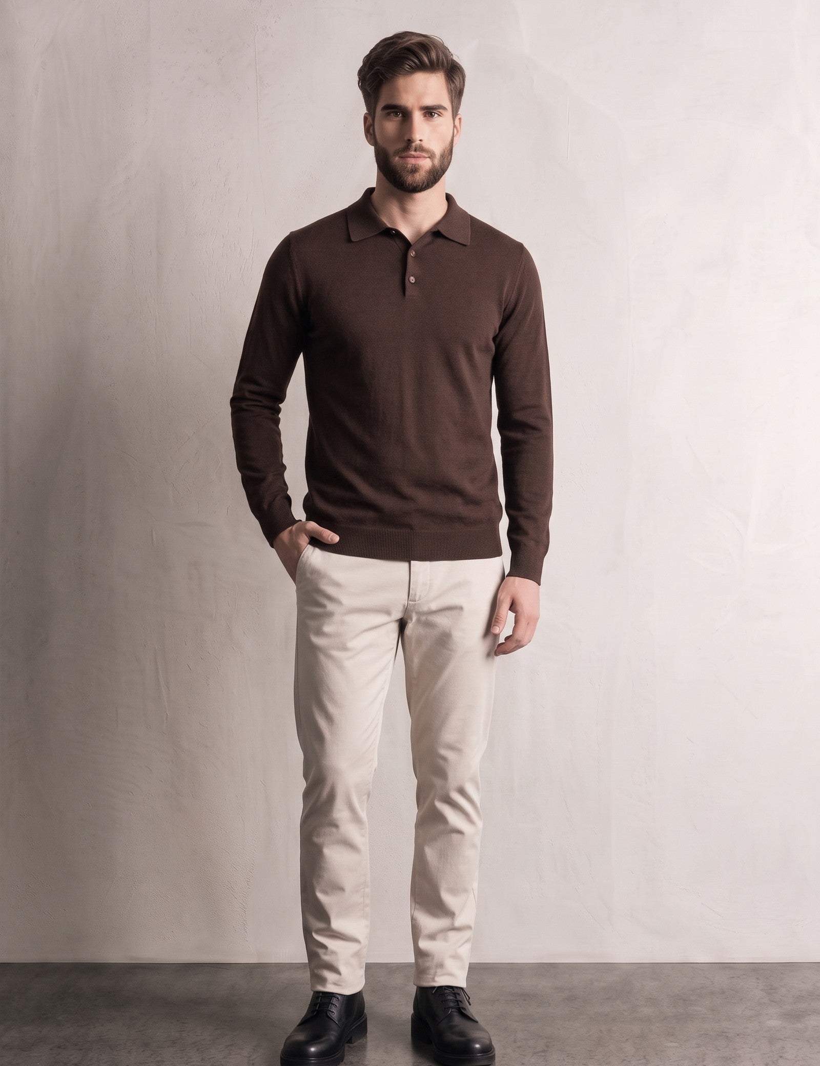Classic Polo Shirt in Brown, front view, full length