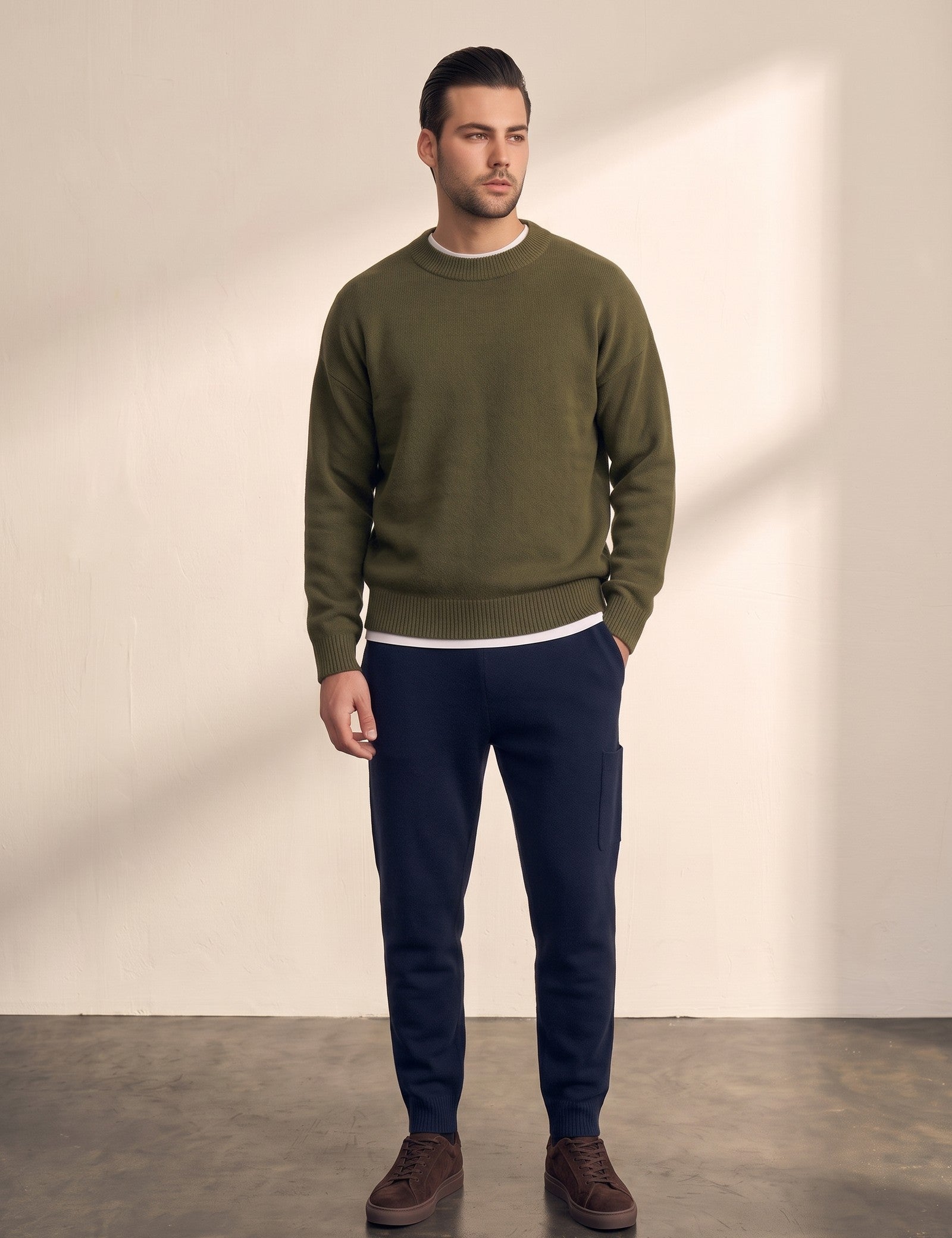 Crewneck Sweater in Olive Green, front view, full length