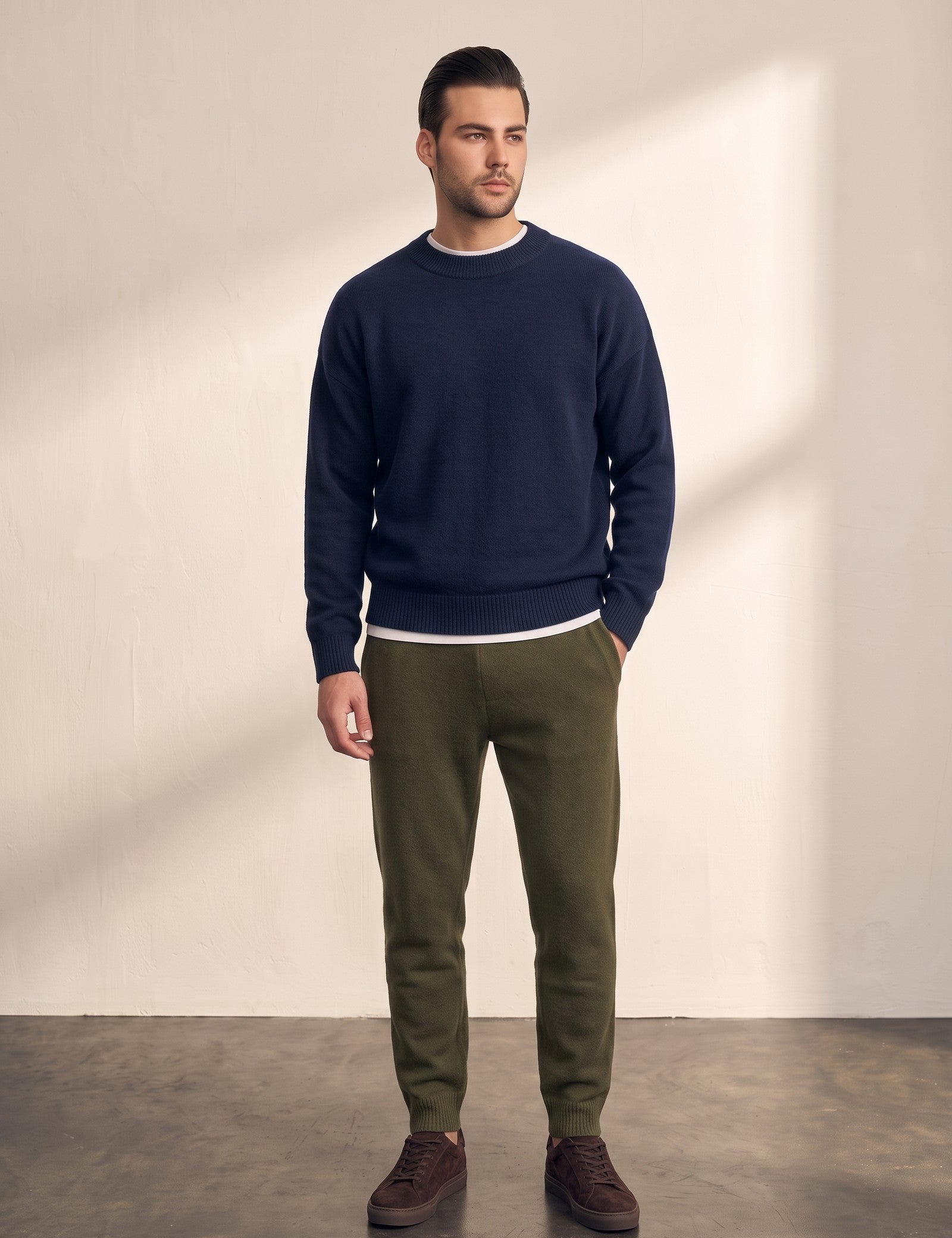 Crewneck Sweater in Navy Blue, front view, full length