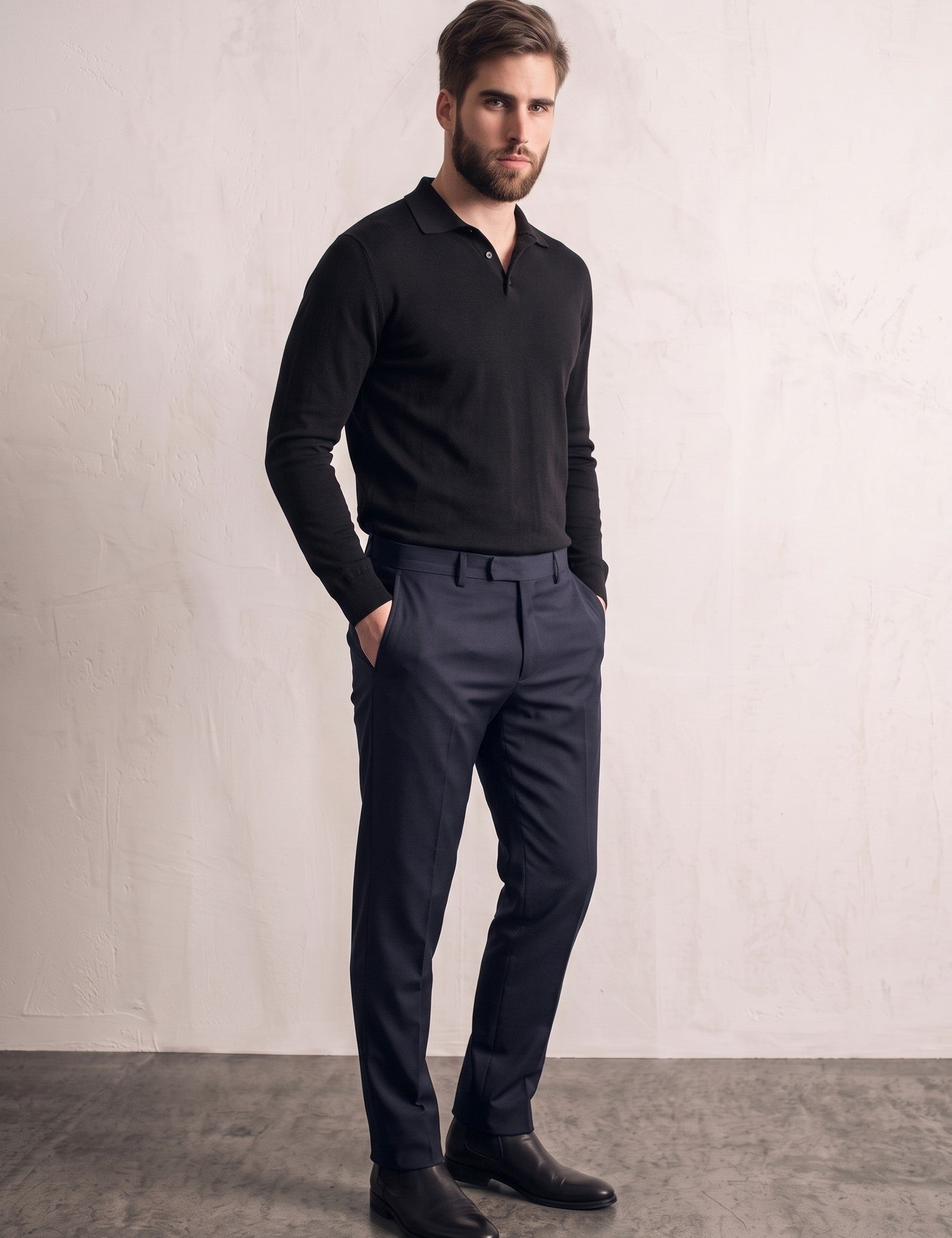 Deluxe Polo Shirt, three-quarter view from the left, full length