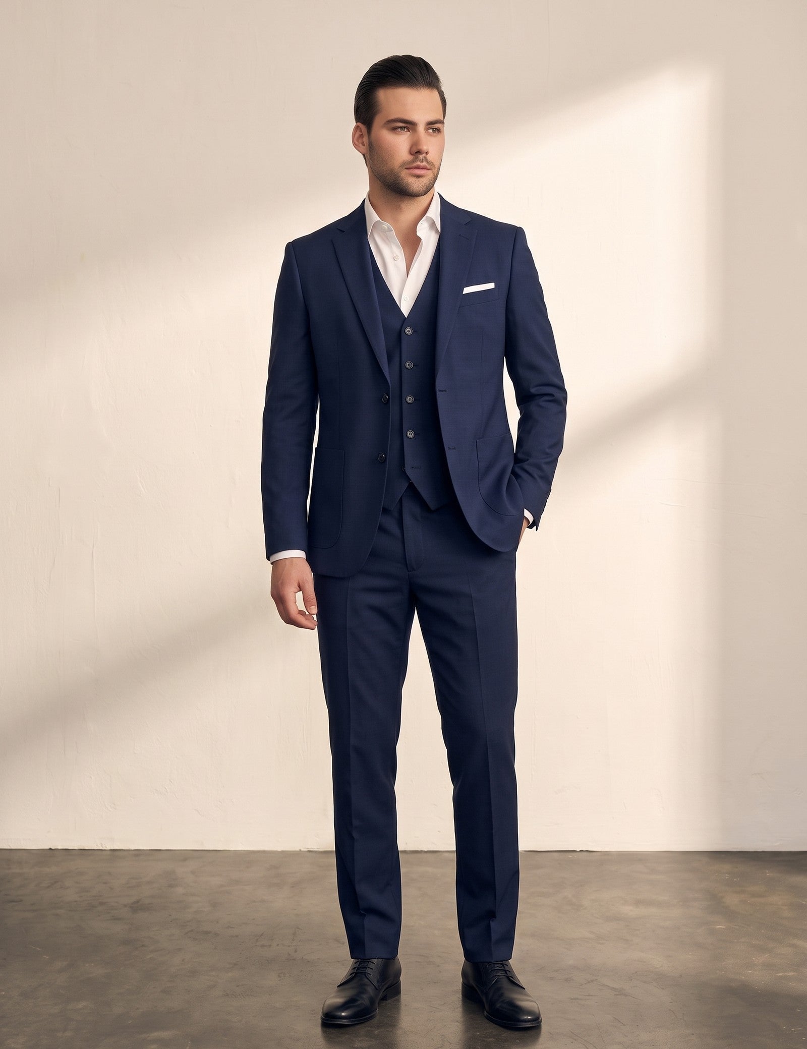 Deluxe Suit in Navy, front view, full length