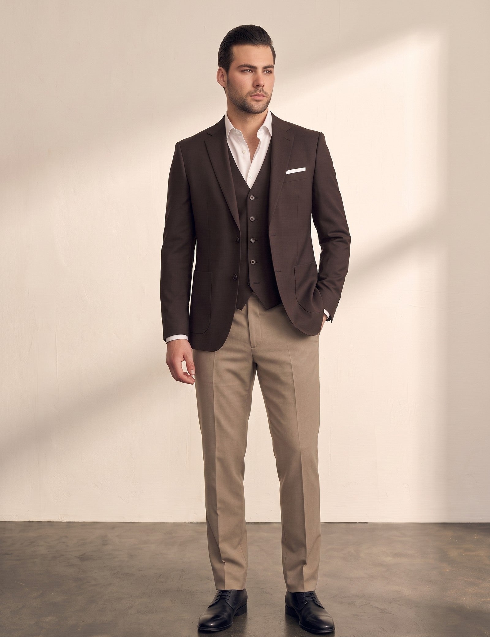 Deluxe Suit in Brown, front view, full length