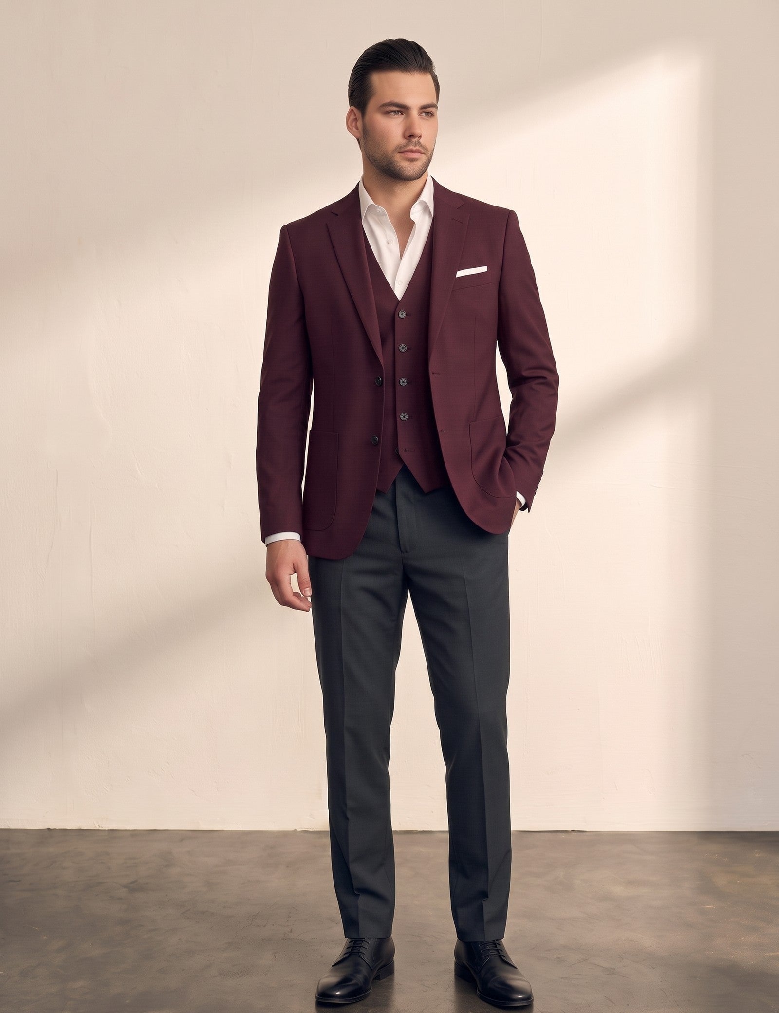 Deluxe Suit in Burgundy, front view, full length