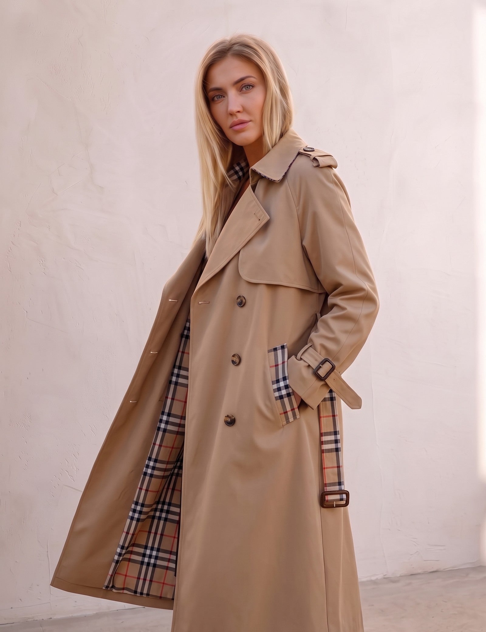 Deluxe Trench Coat, three-quarter view from the right, full length.