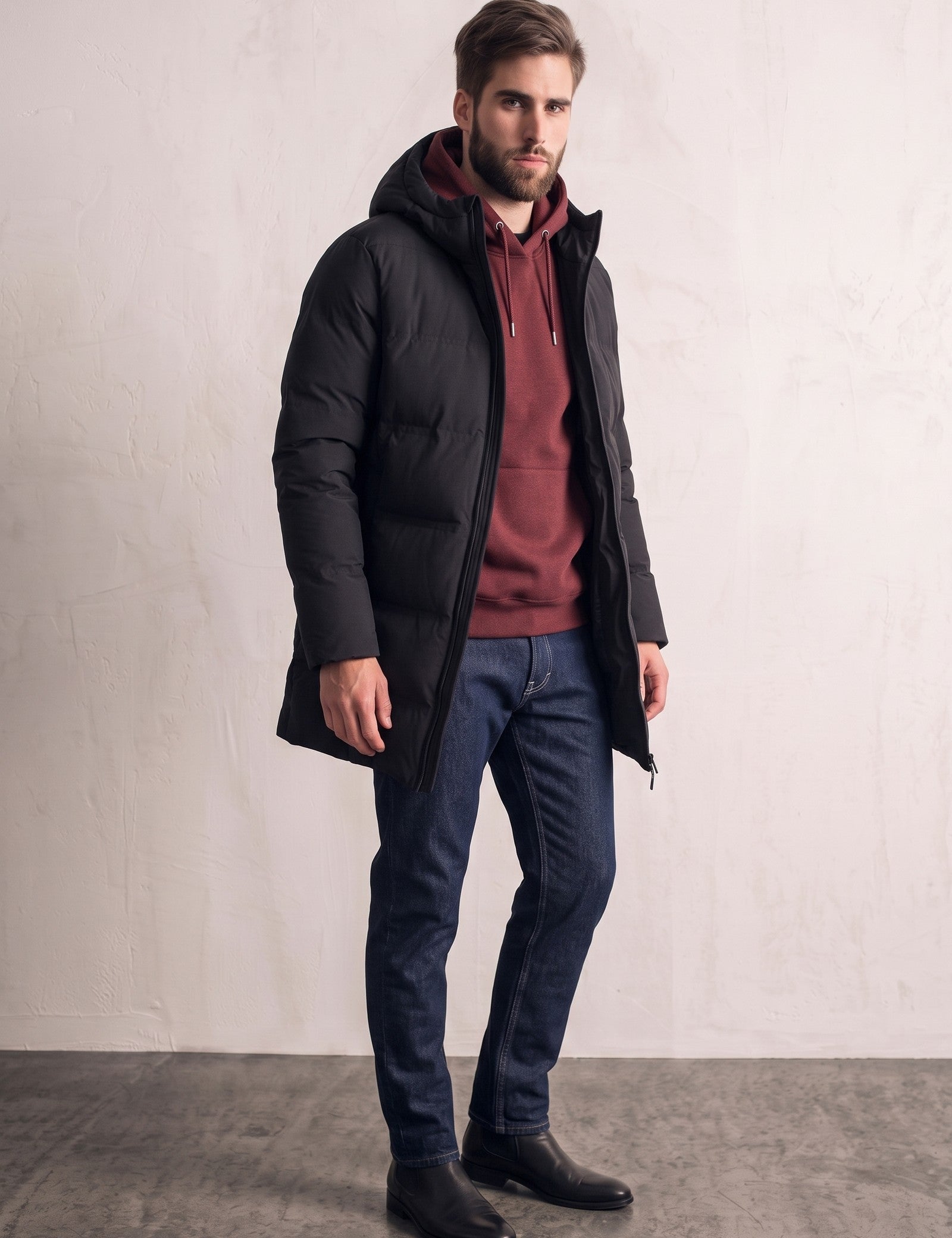 Down Coat, three-quarter view from the left, full length