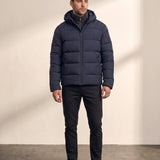 Down Jacket in Navy, front view, full length