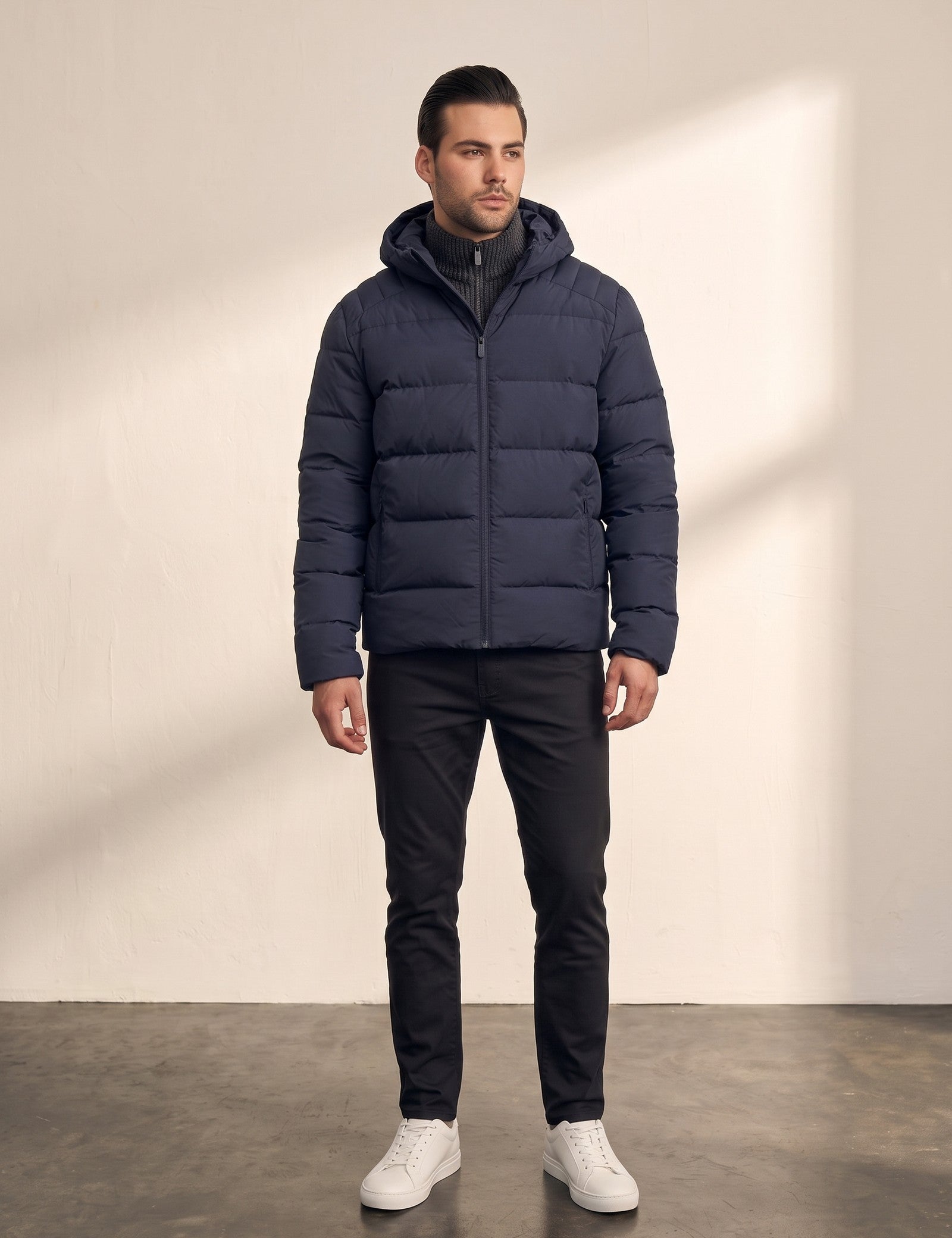 Down Jacket in Navy, front view, full length