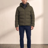 Down Jacket in Olive Green, front view, full length