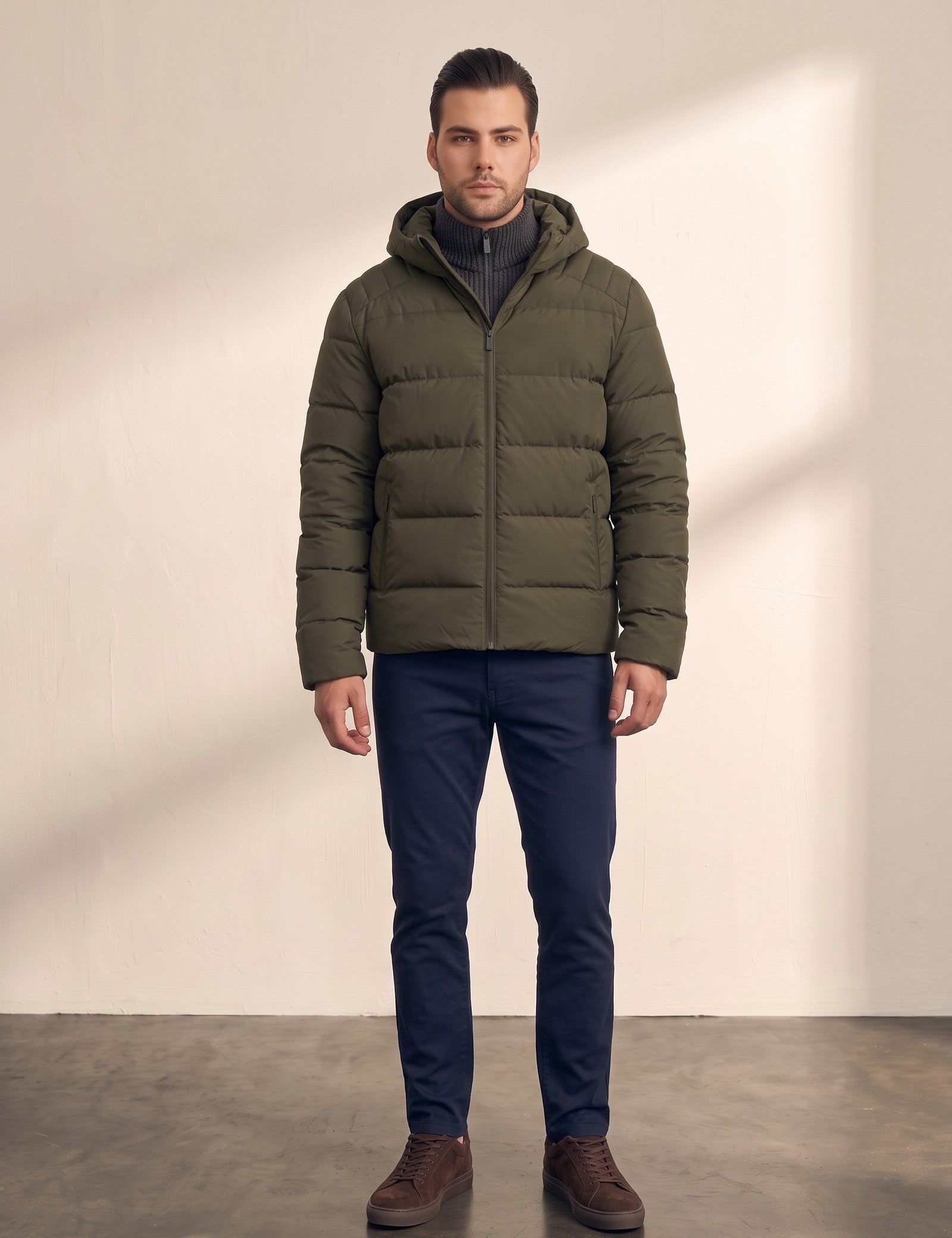 Down Jacket in Olive Green, front view, full length