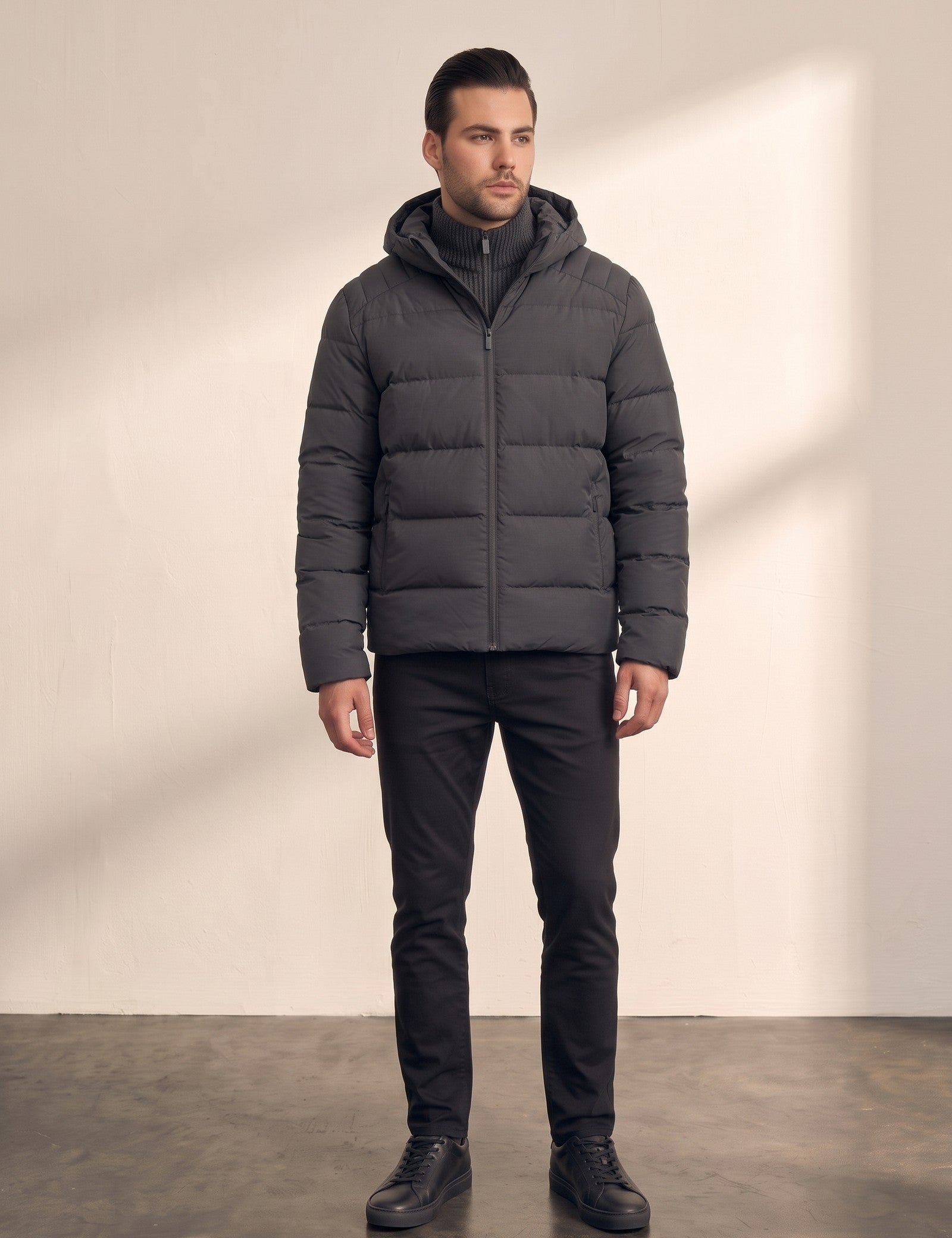 Down Jacket in Dark Grey, front view, full length