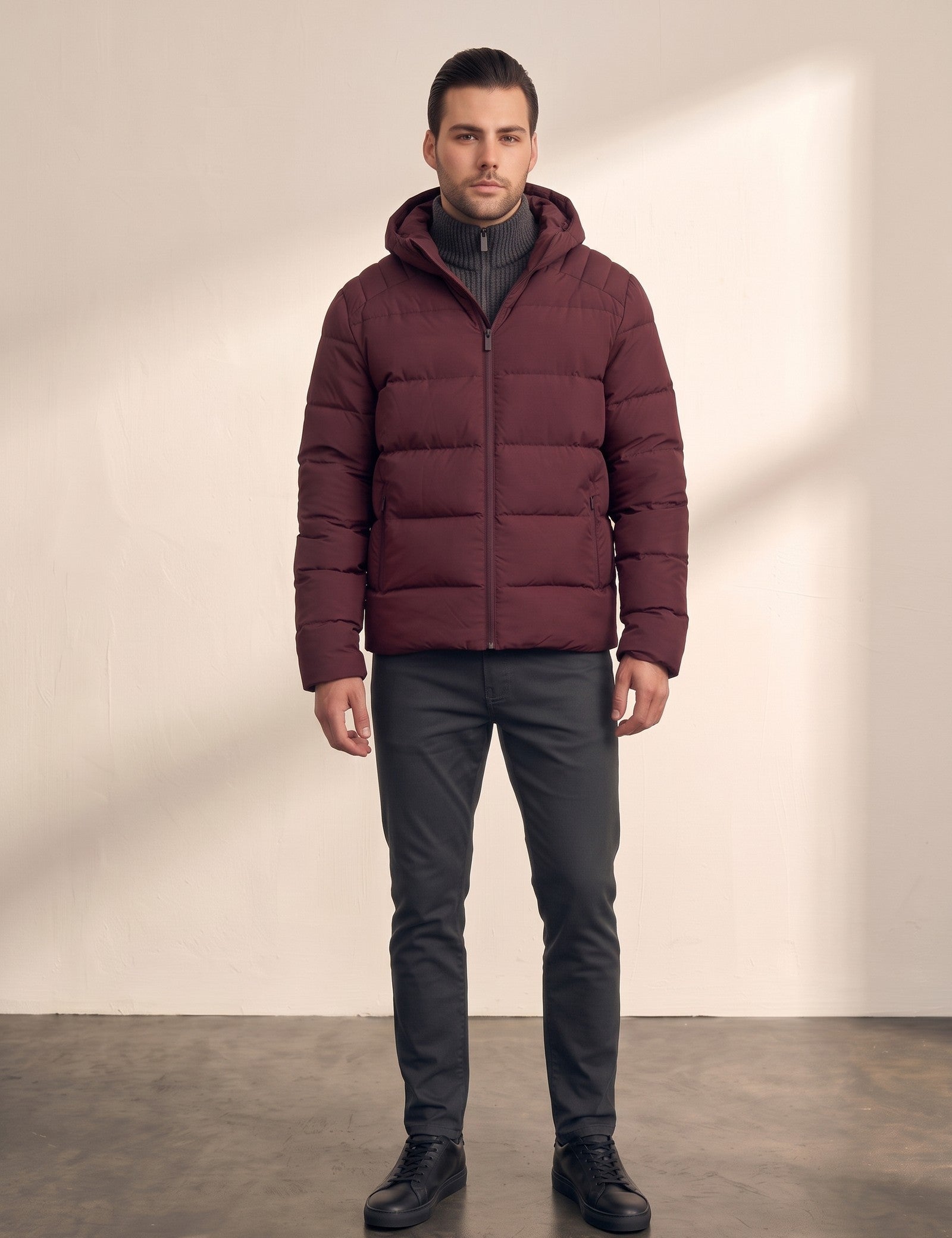 Down Jacket in Burgundy, front view, full length