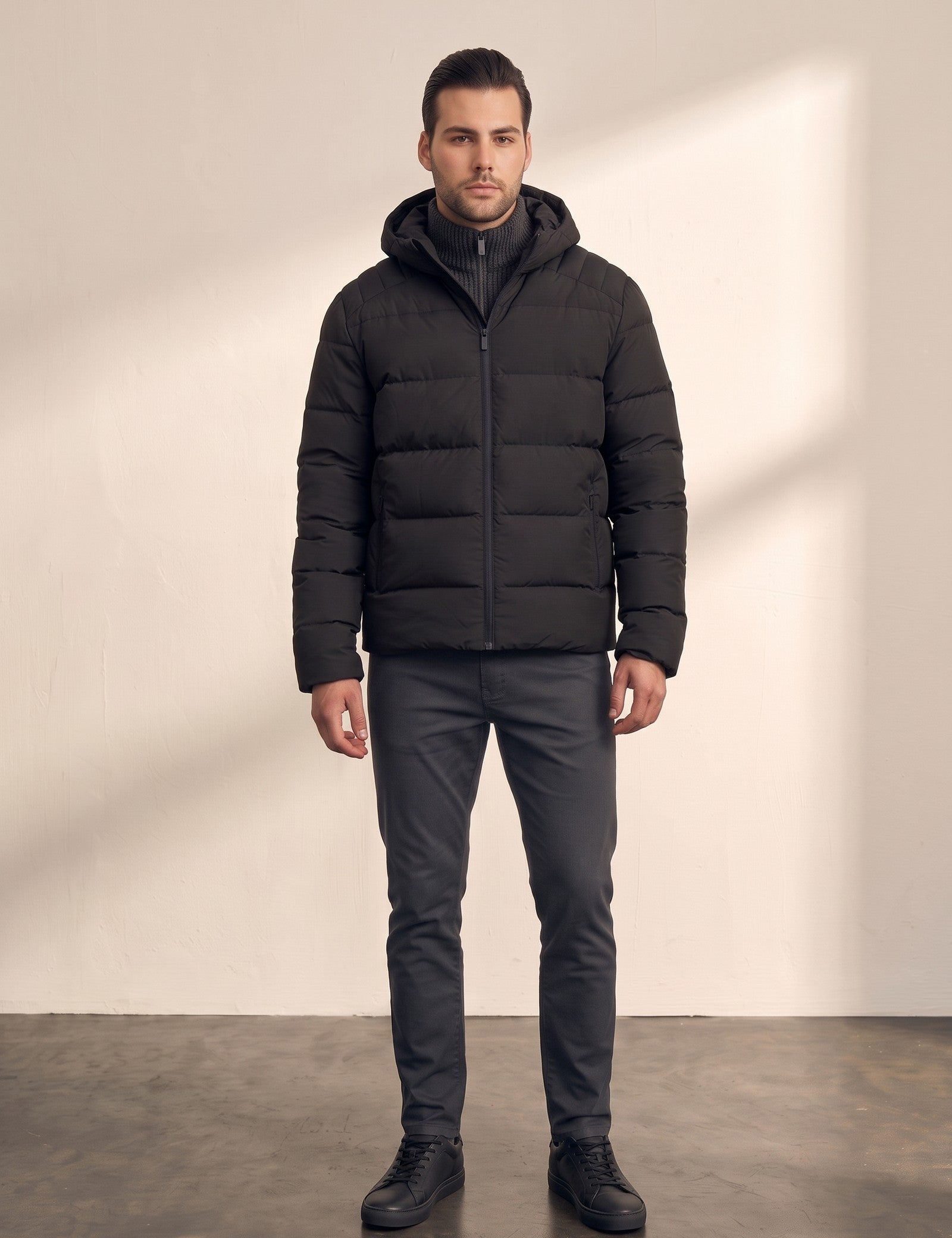 Down Jacket in Black, front view, full length