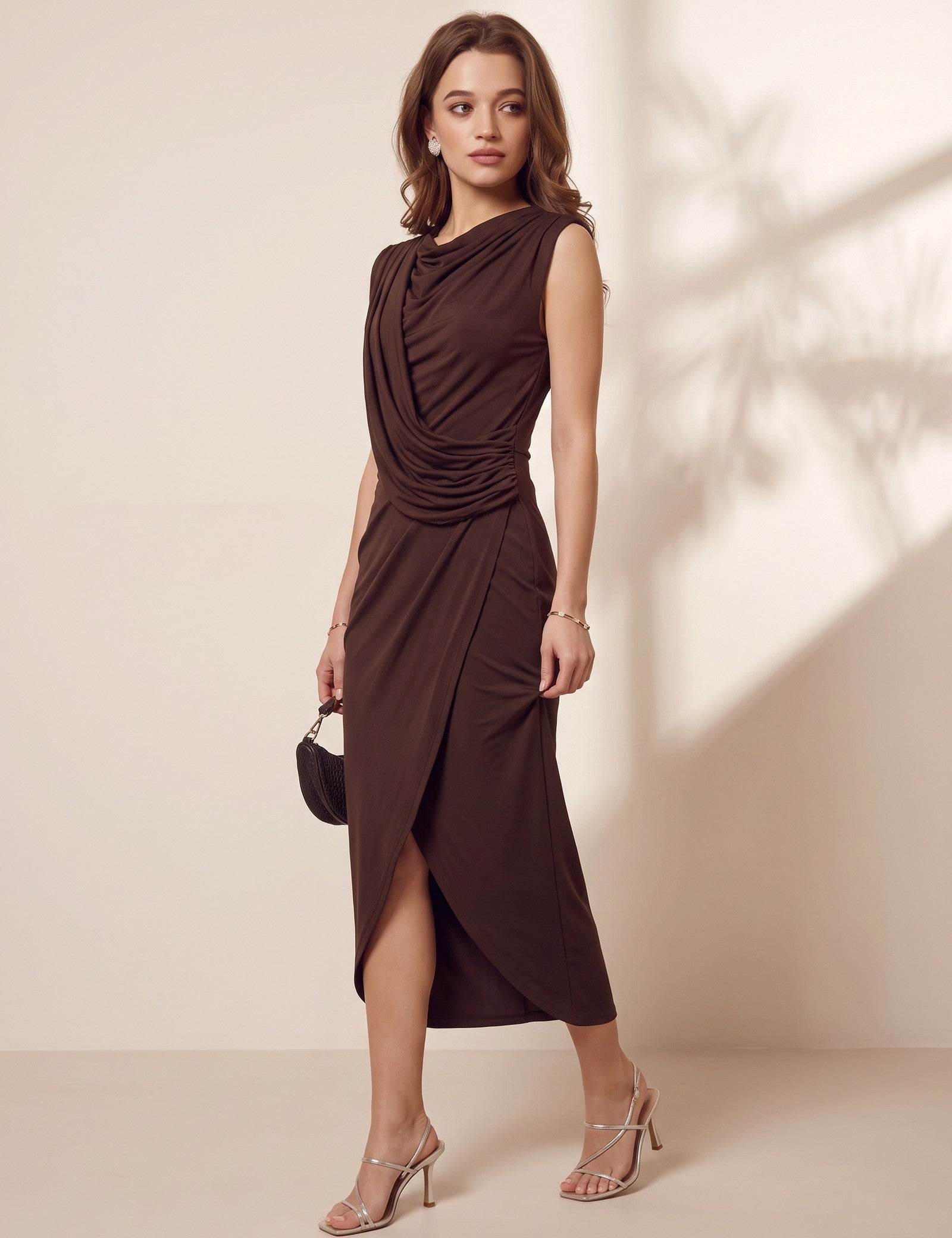 Draped Midi Dress, three-quarter view from the left, full length