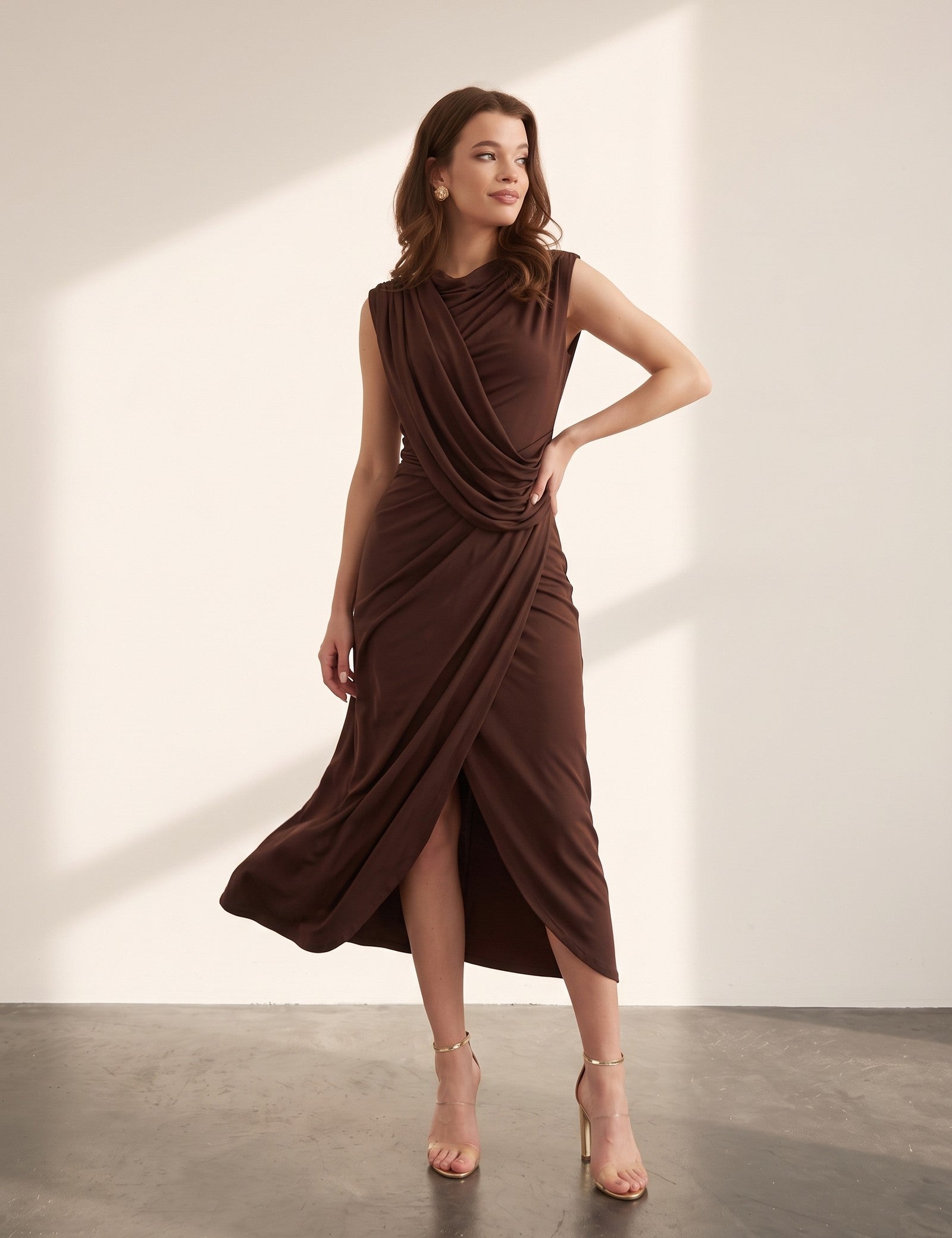 Draped Midi Dress, side view, full length
