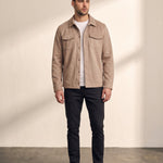 Faux Suede Overshirt in Tan, front view, full length