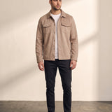 Faux Suede Overshirt in Tan, front view, full length