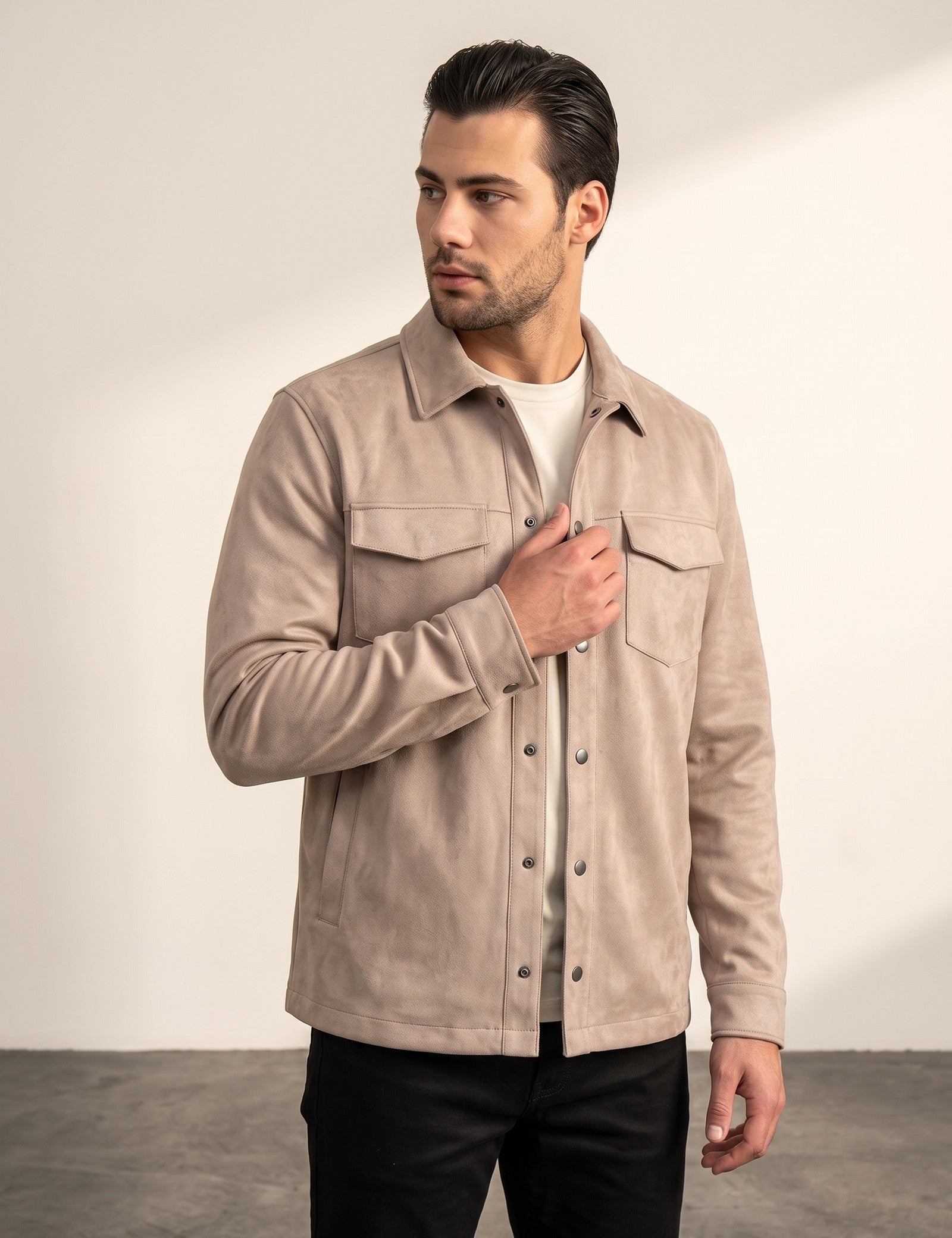 Faux Suede Overshirt, side view, full length