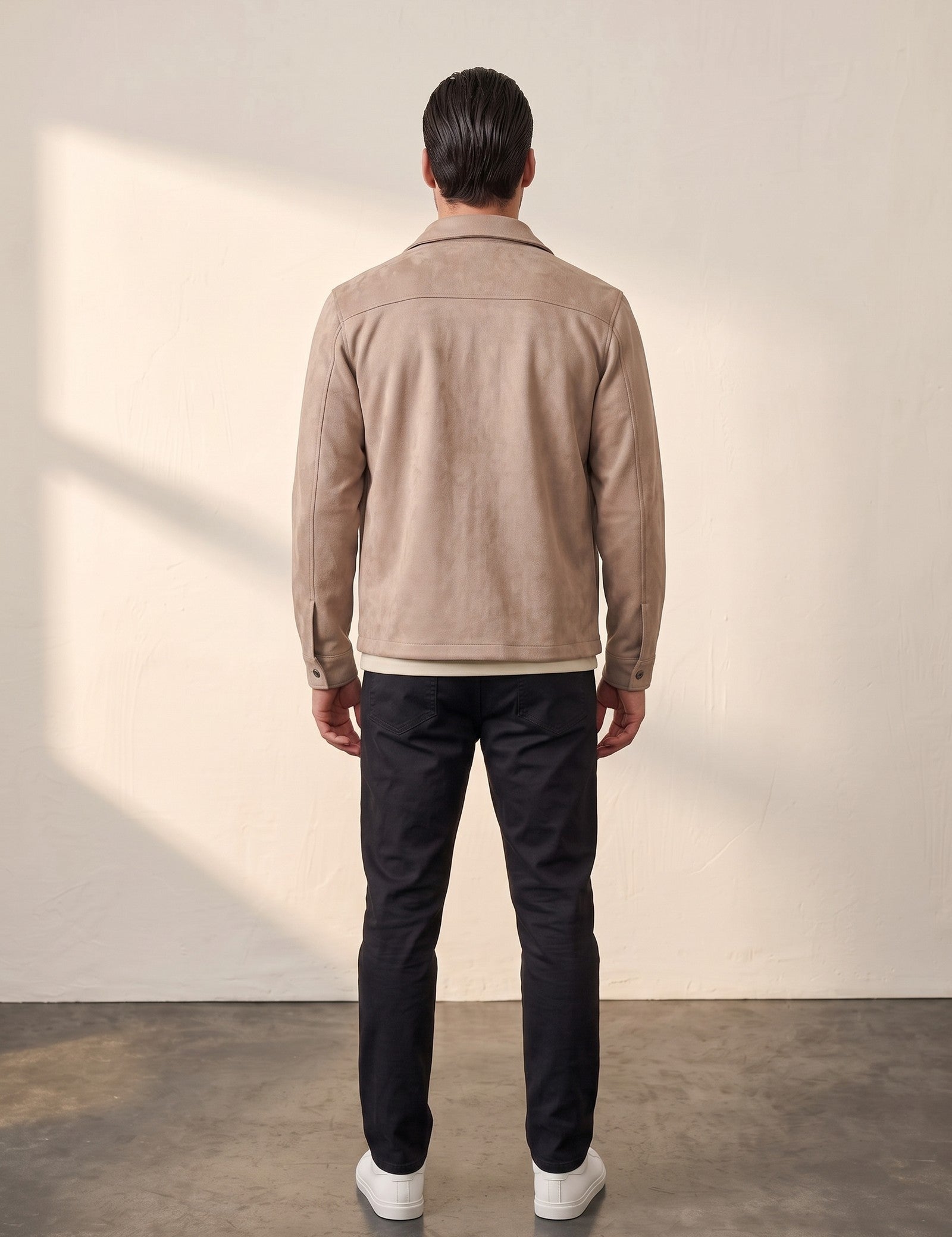 Faux Suede Overshirt, back view, full length
