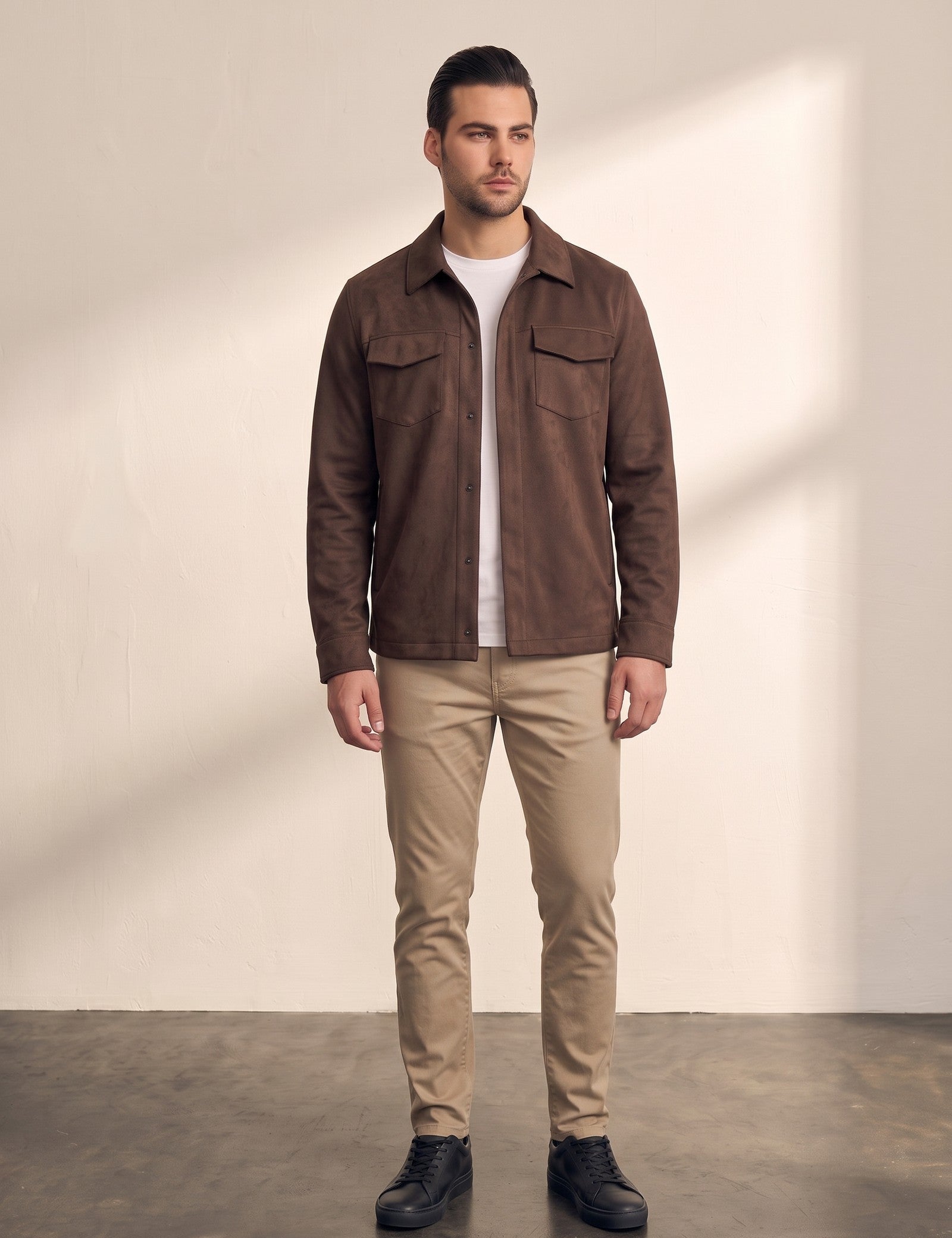 Faux Suede Overshirt in Brown, front view, full length