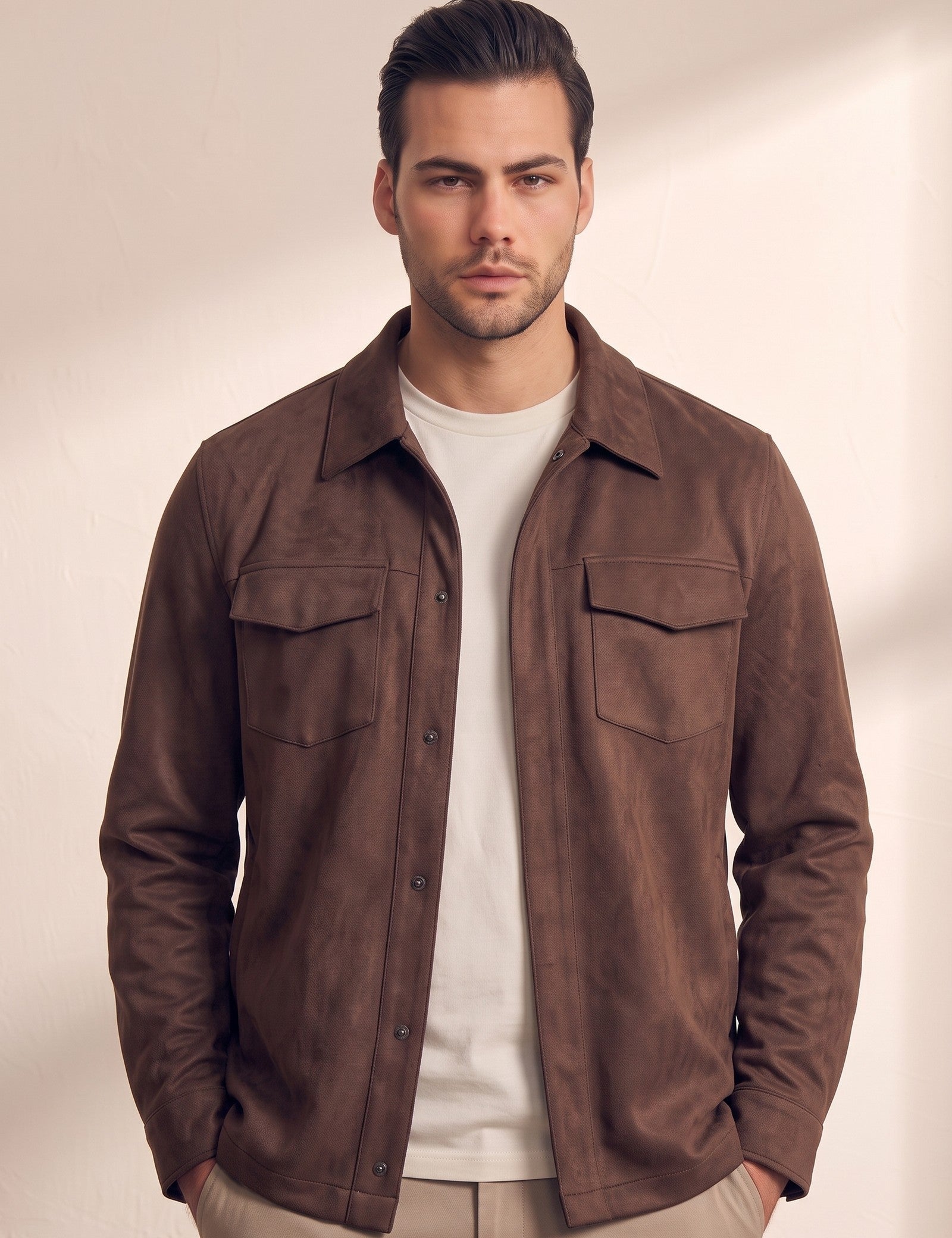 Faux Suede Overshirt, close-up of the upper body