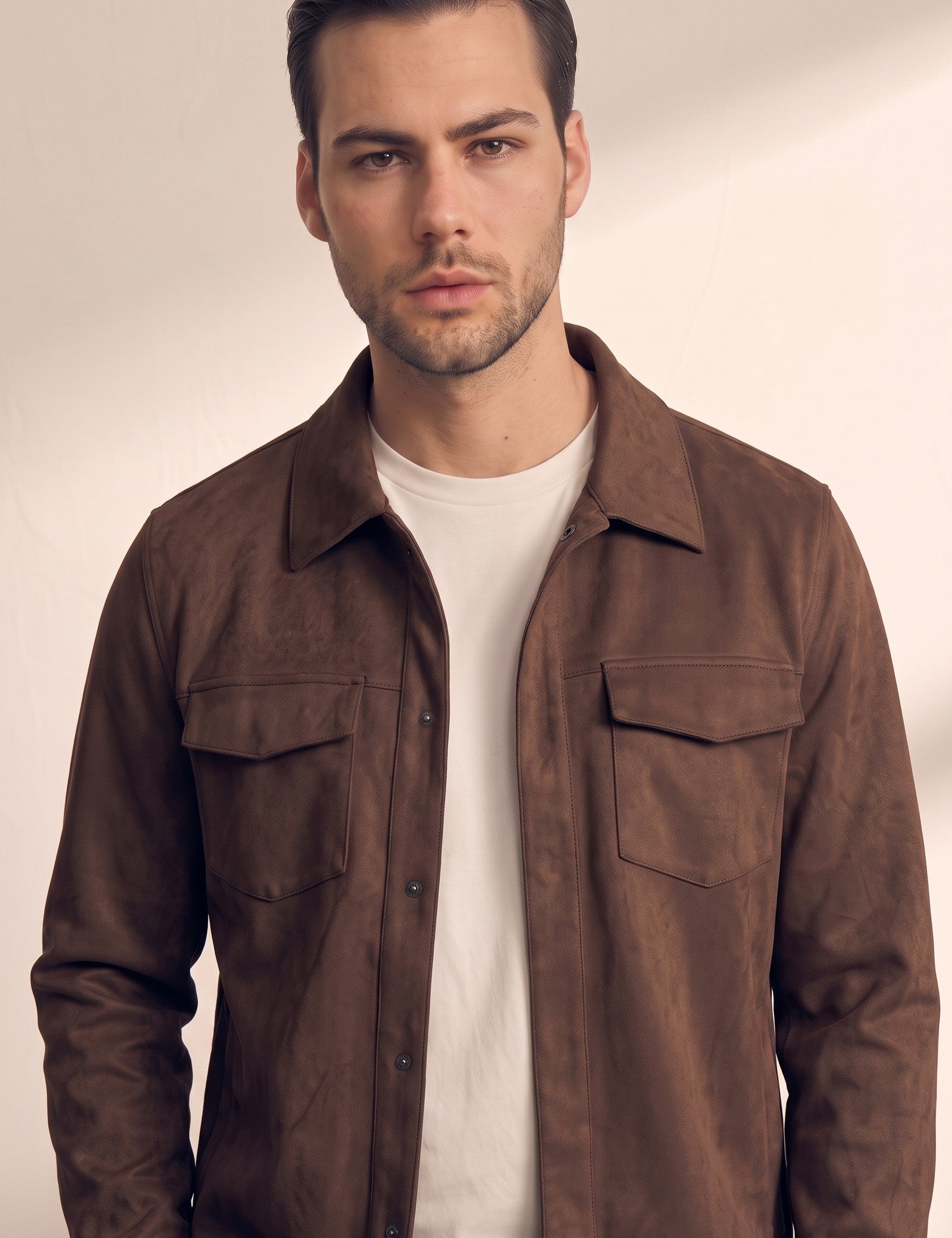 Faux Suede Overshirt, close-up of the upper body