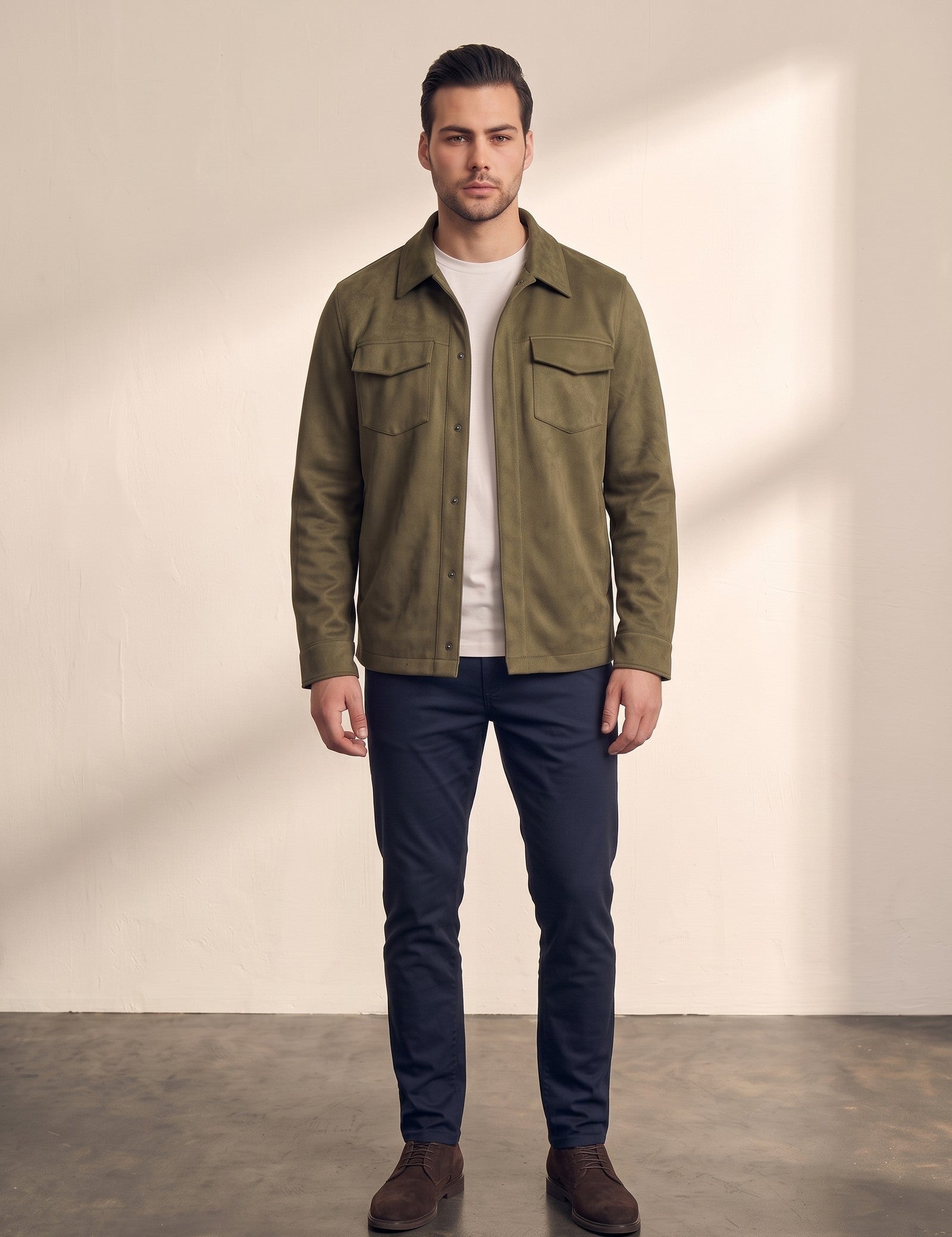 Faux Suede Overshirt, close-up of the upper body