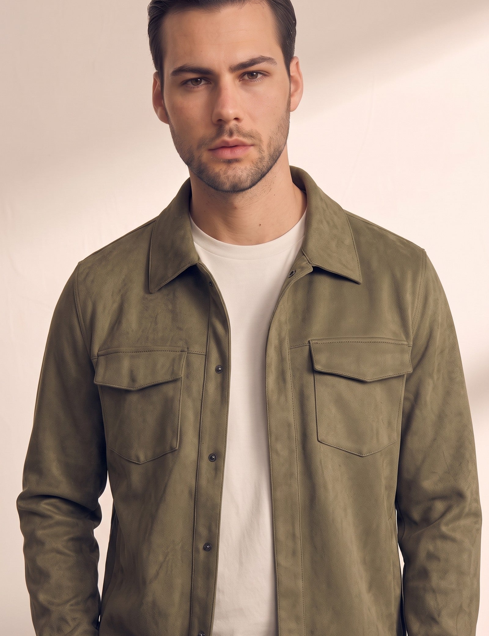 Faux Suede Overshirt, close-up of the upper body