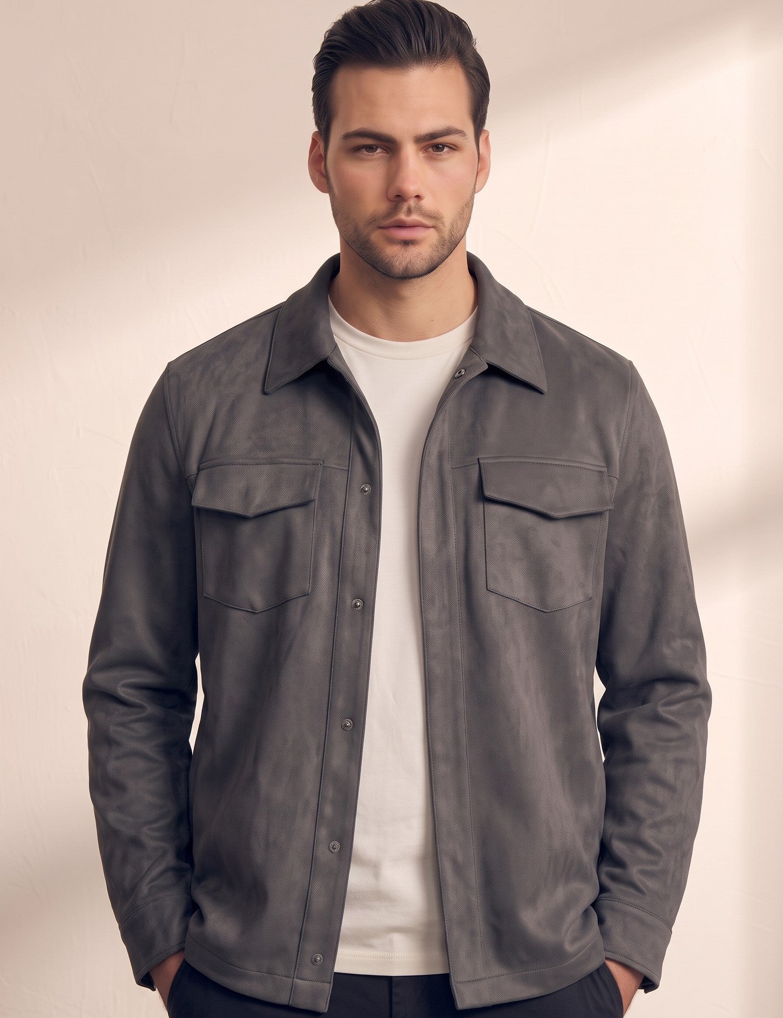 Faux Suede Overshirt, close-up of the upper body
