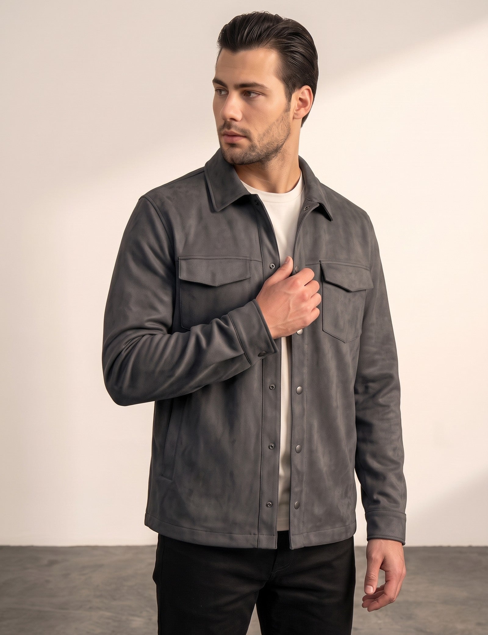 Faux Suede Overshirt, side view, full length