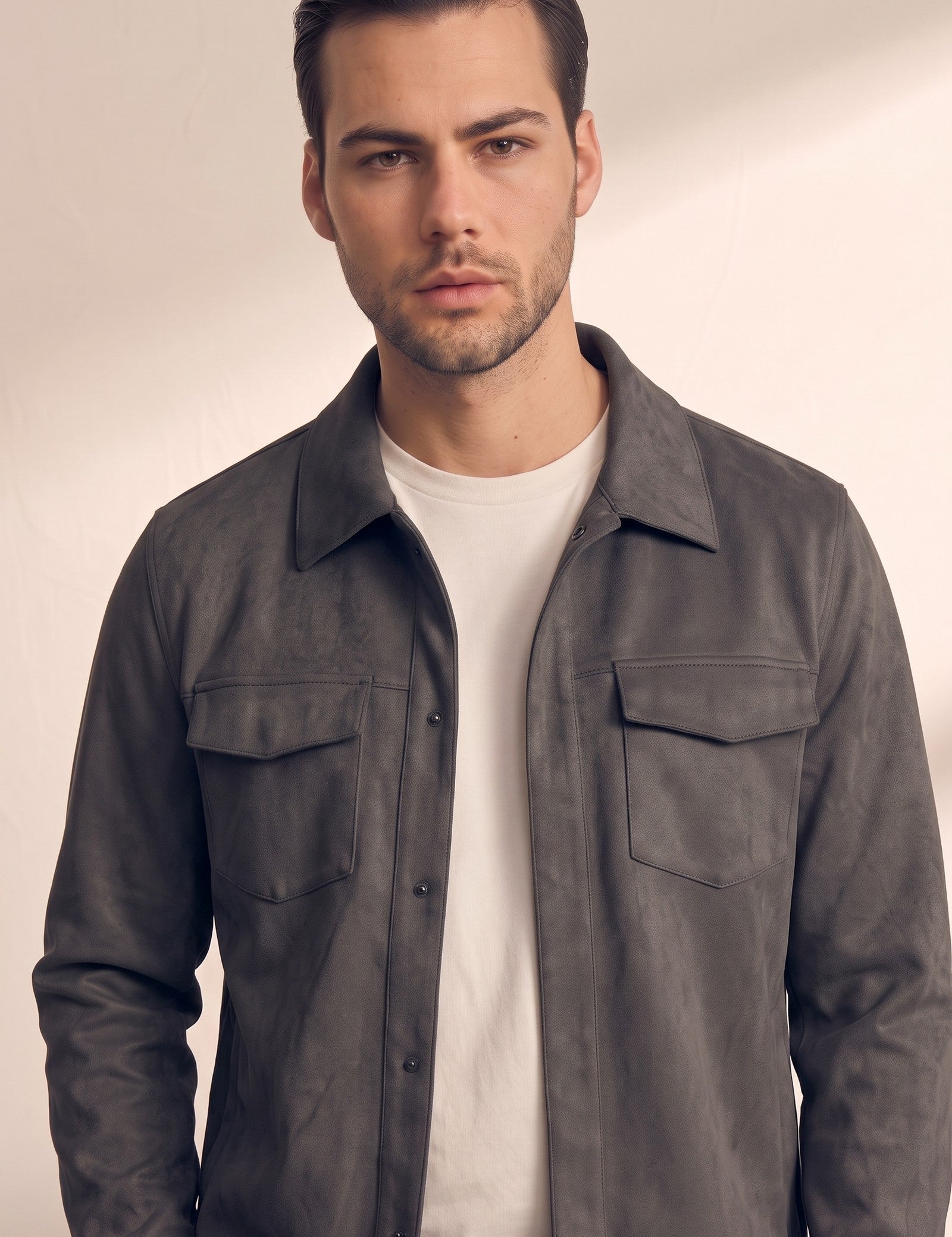 Faux Suede Overshirt, close-up of the upper body