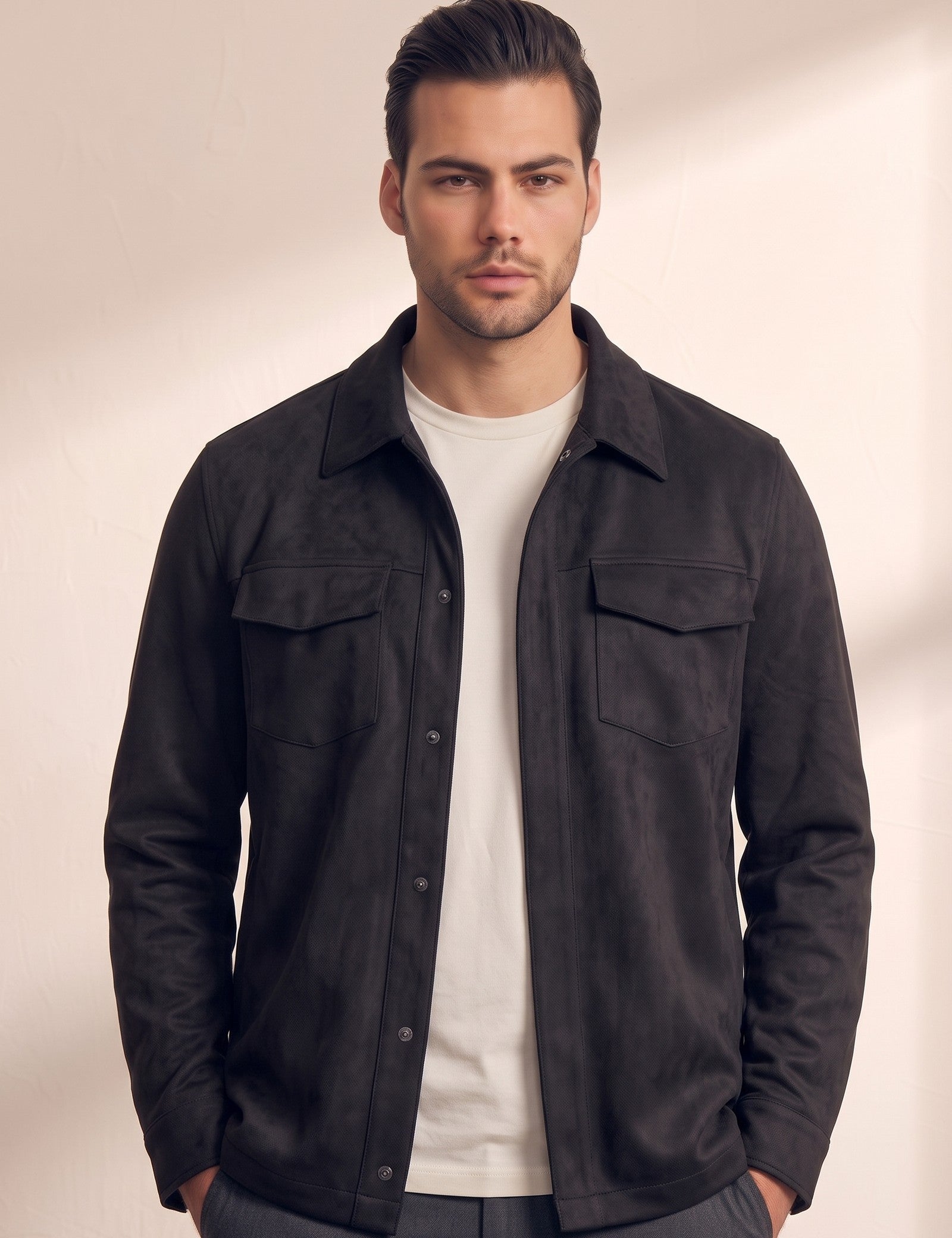 Faux Suede Overshirt, close-up of the upper body
