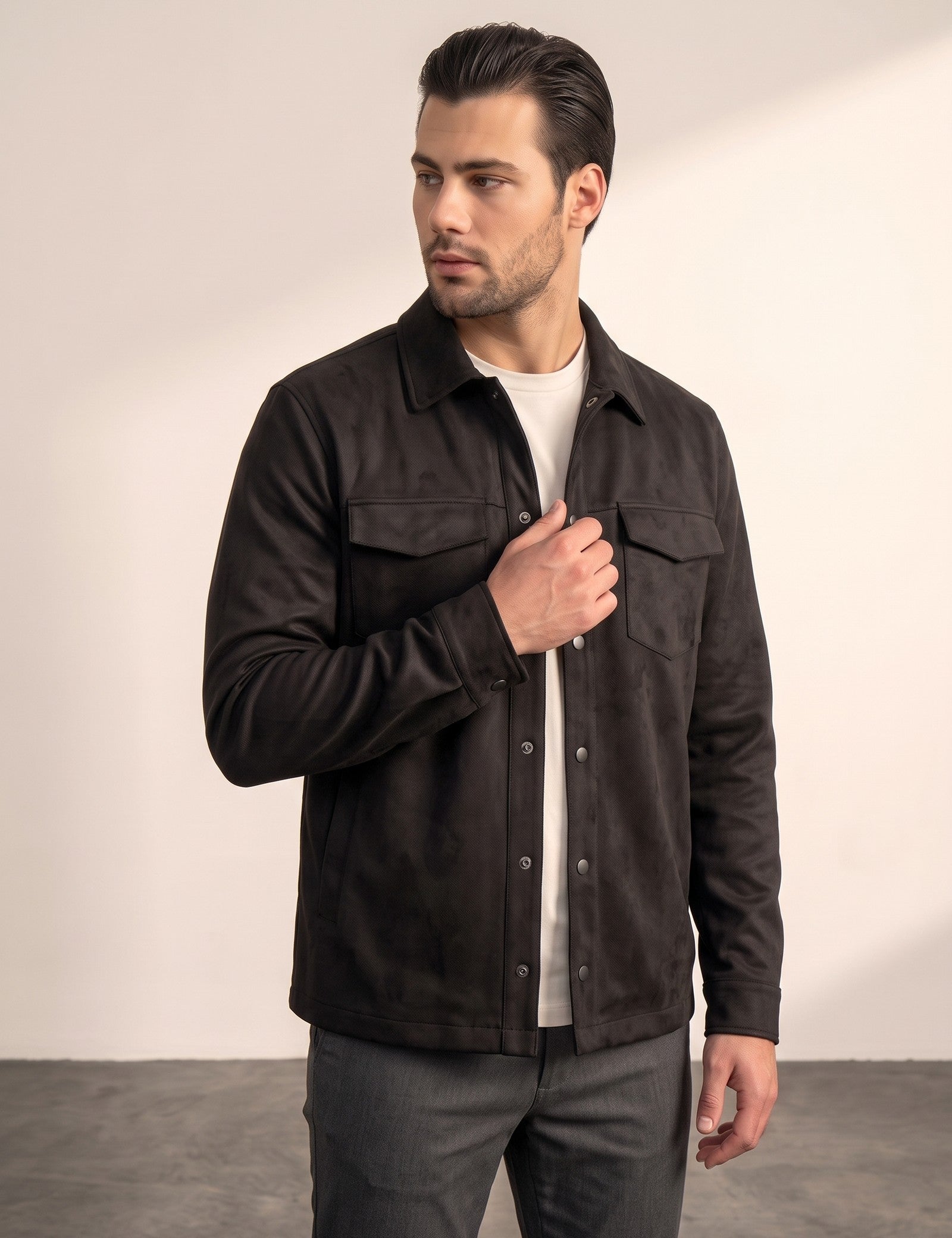 Faux Suede Overshirt, side view, full length