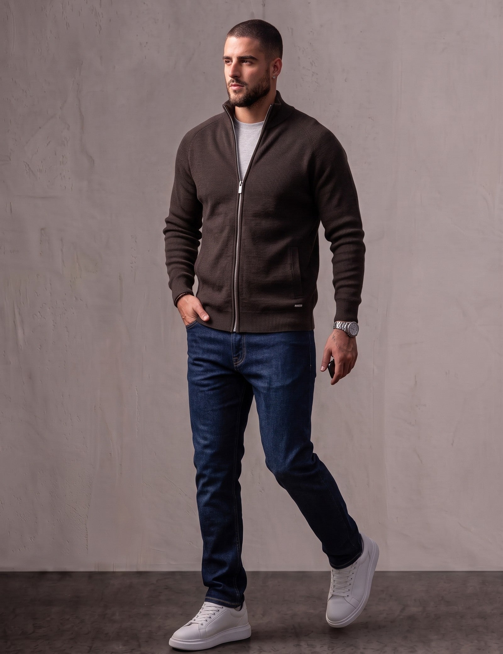 Funnel Neck Sweatshirt, three-quarter view from the right, full length