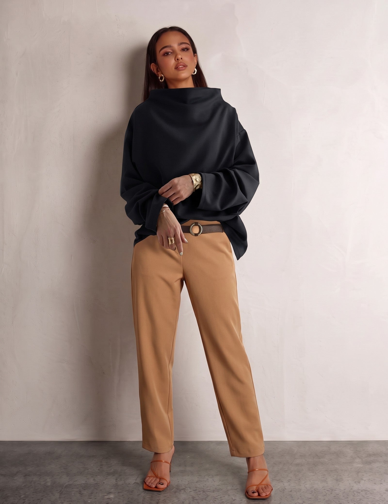 High-Neck Long Sleeve Top, front view, full length