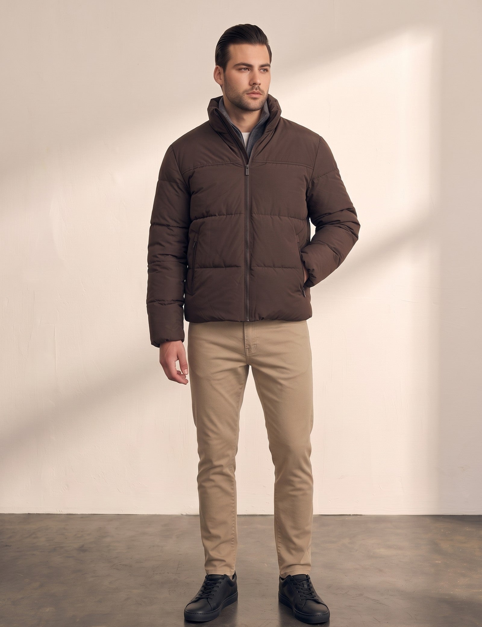 Padded Jacket in Brown, front view, full length